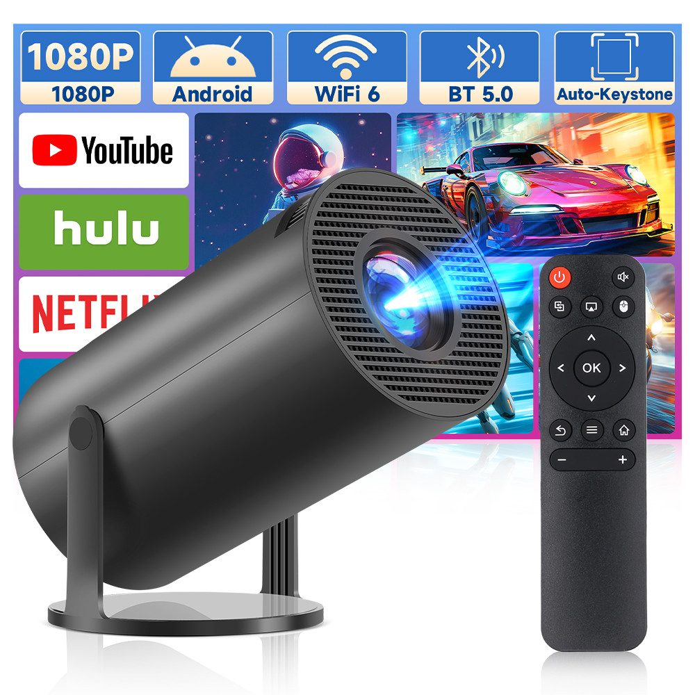 1080P Android LCD Beamer, 180° weiß EU-Netzteil,WiFi6&BT5.0 Haushalt LED-Beamer