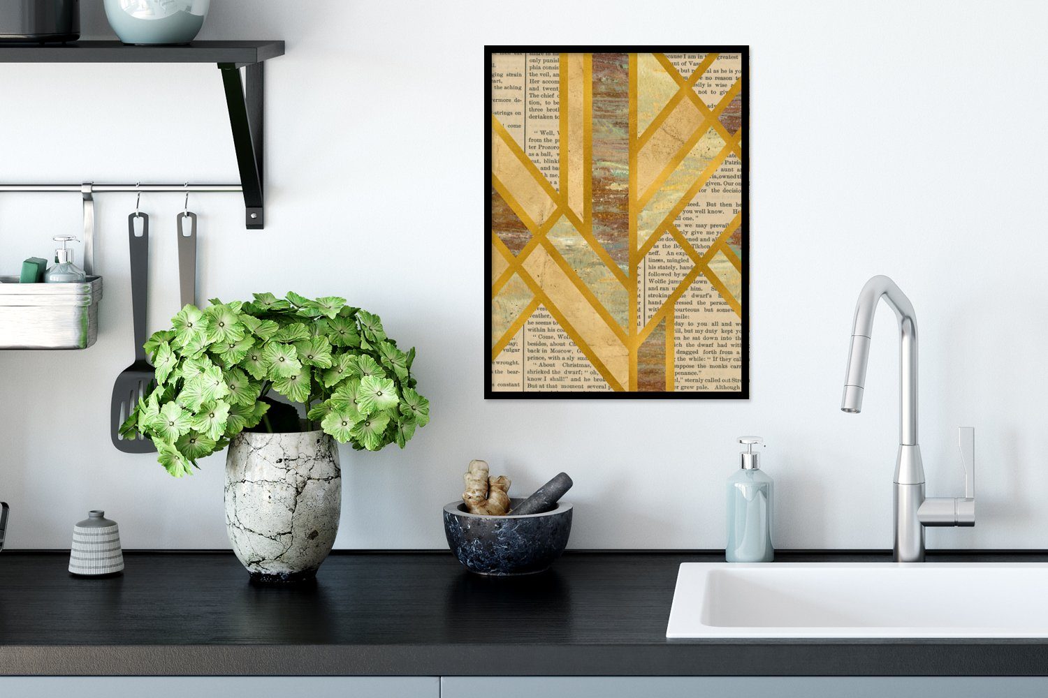 Marmor Gold Poster, St), Poster Schwarzem - Bilderrahmen mit (1 Kunstdruck, Rahmen, Luxus, MuchoWow - Gerahmtes