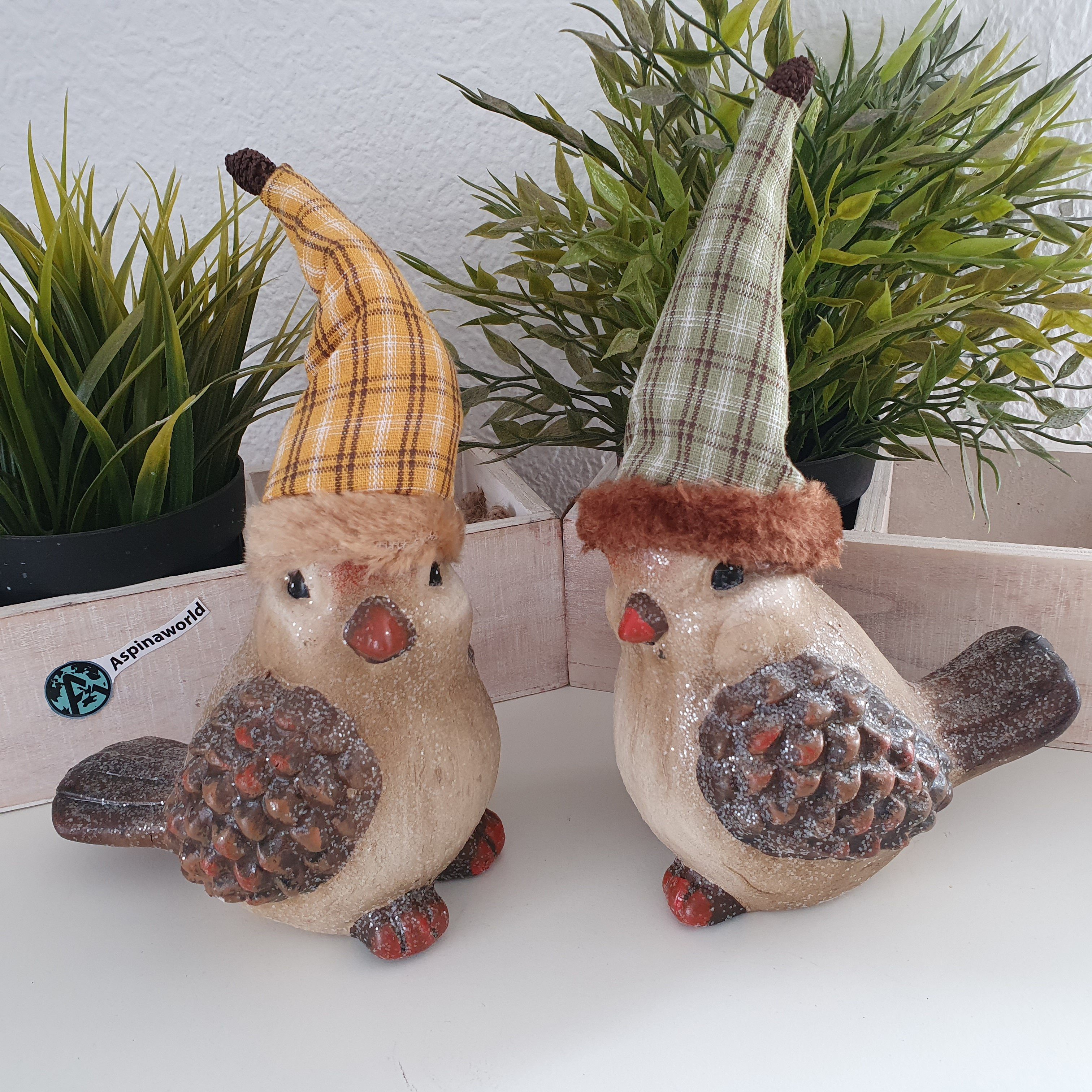 aus Figur Aspinaworld 2er Set Vögel Herbstdeko cm Mütze mit Keramik 17 Dekofigur