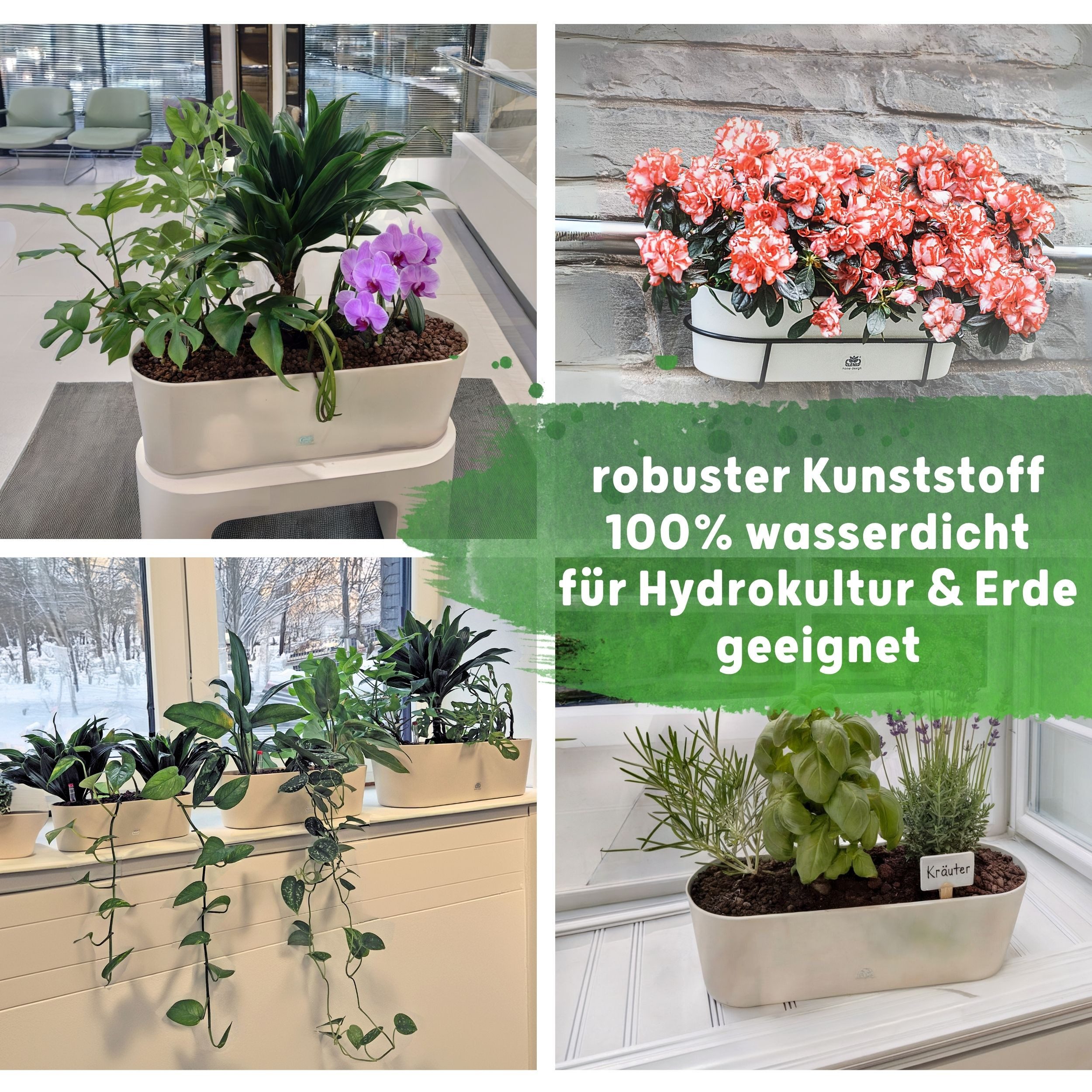 LENI Jardiniere Blumentopf länglich Pflanzkasten 36 cm lang Kräuter & Zimmerpflanzen (Komplettes Starter Set Selbstbewässerungstopf, mit 3 x Kulturtopf, 1 x Was – Bild 5 von 5