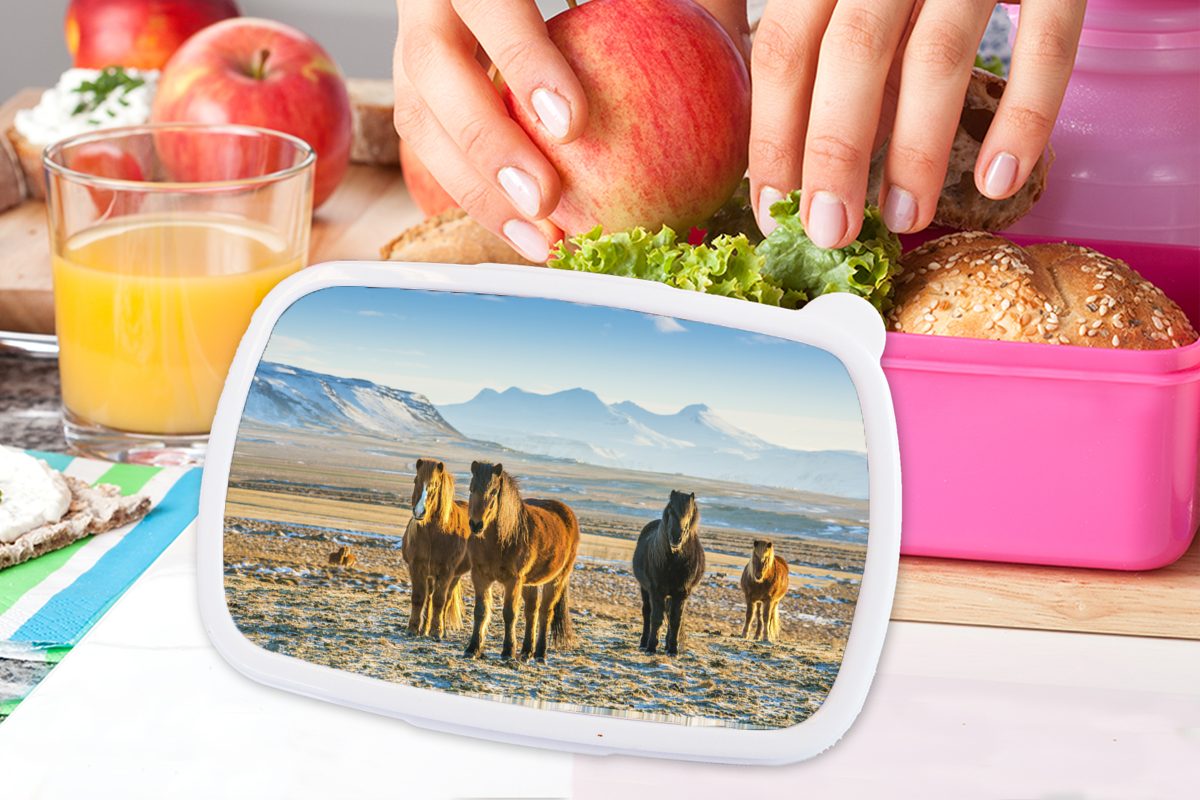 Kunststoff Kunststoff, Mädchen, in winterlichen Erwachsene, Brotbox für einer Brotdose Berglandschaft, Isländerpferde Kinder, MuchoWow Snackbox, (2-tlg), rosa Lunchbox