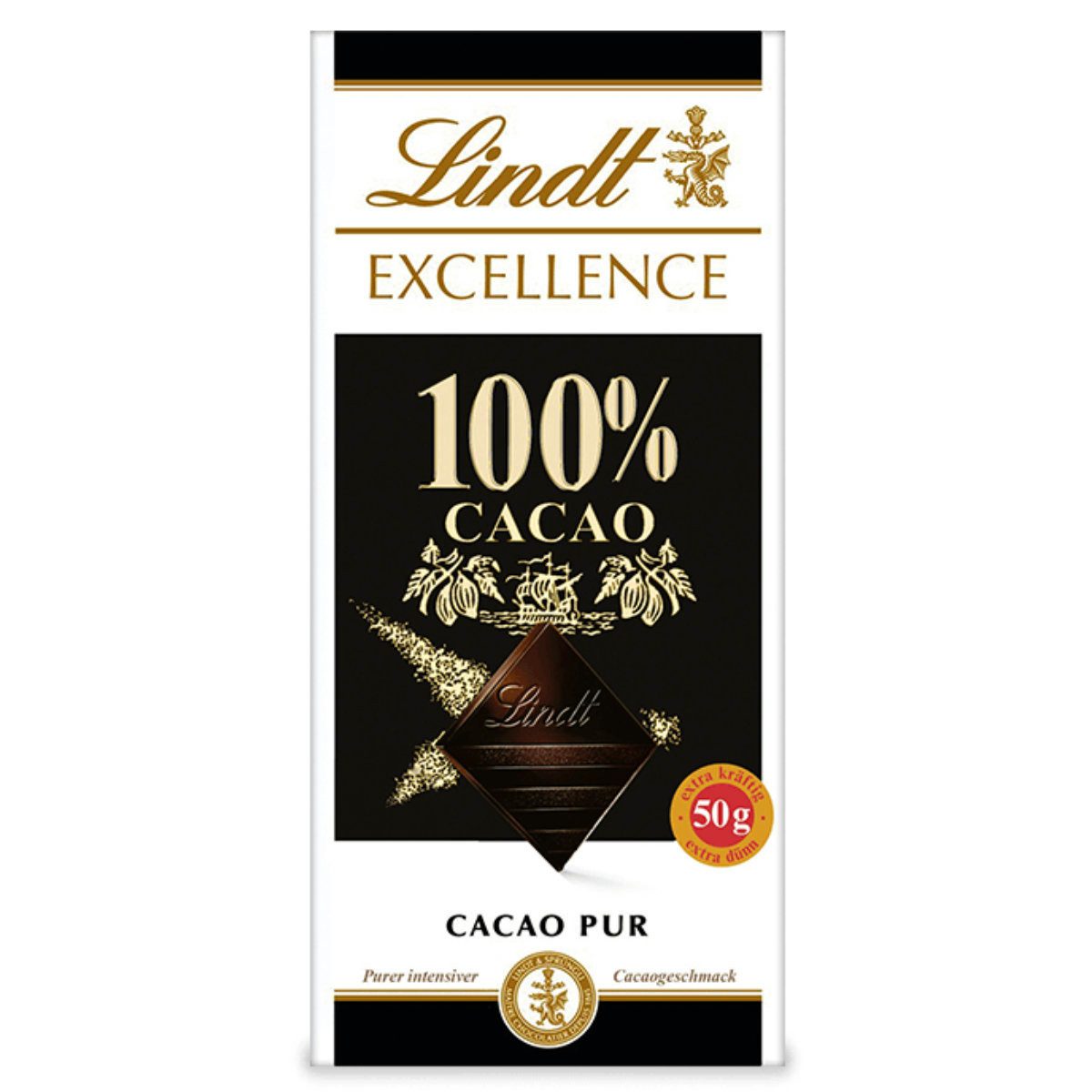 LINDT Schokolade, Lindt Excellence 100 Prozent Kakao Schokoladentafel Cacao pur 50g