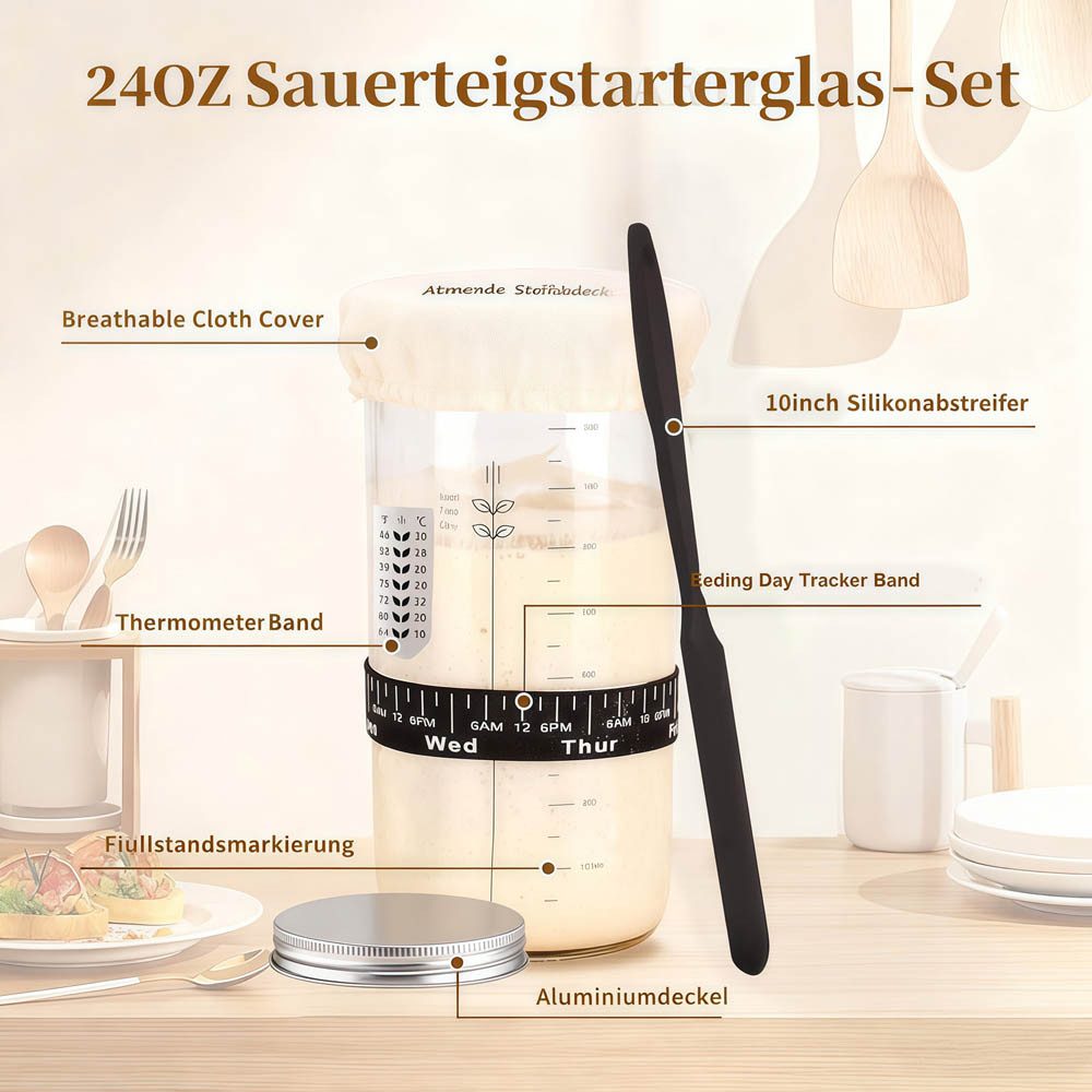 PFCTART Gärkorb 10-tlg. Gärkorb Brotbackset Ø23 cm – Rundes Gärkörbchen Set, (Set 10-tlg), Handgeflochten & atmungsaktiv – Mit Starterglas & Backzubehör