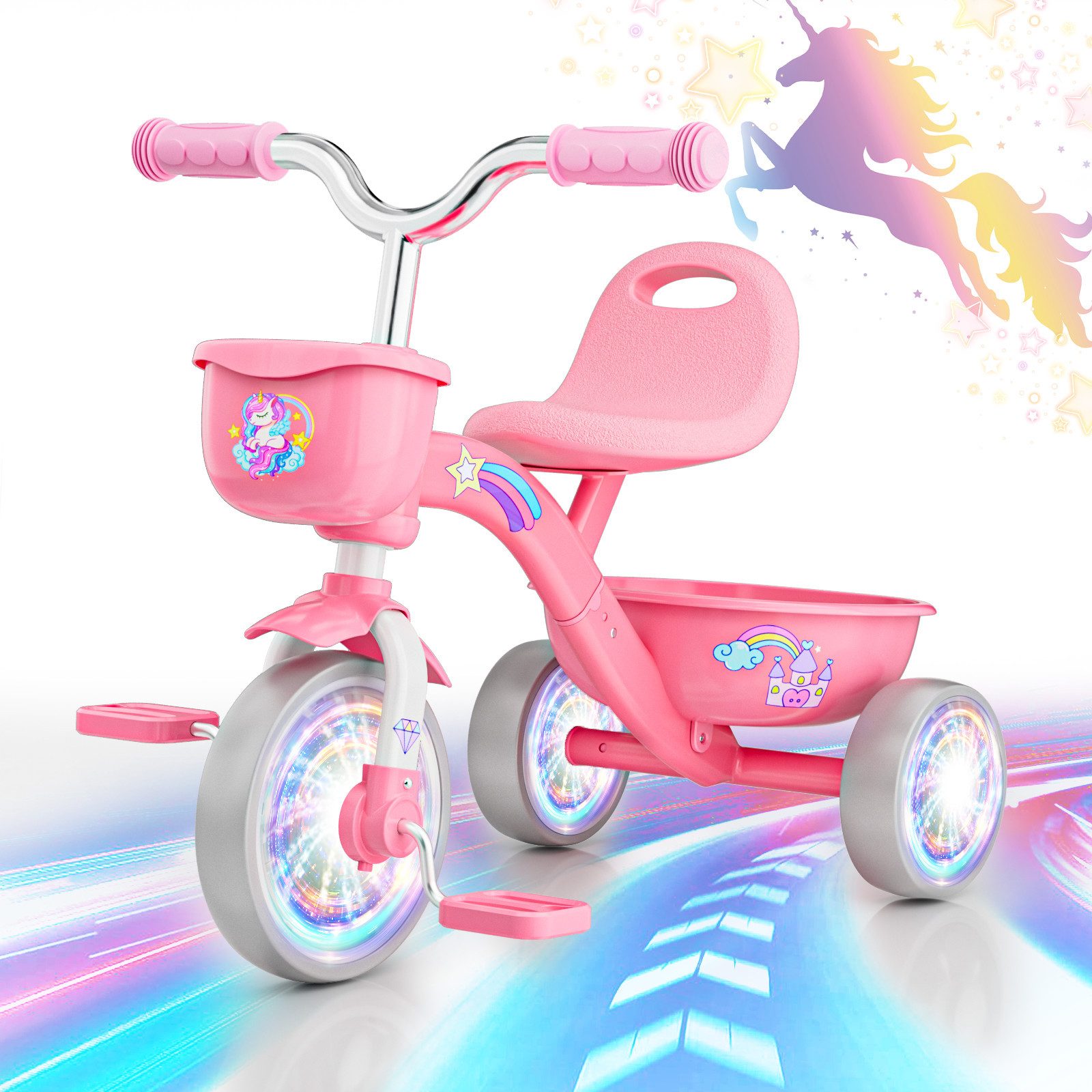 Wootoy Dreirad Kinder Dreirad Kinderfahrrad Lauffahrrad mit LED-Leuchträdern, 4-fach verstellbarem Sitz 2 Aufbewahrungskörben und leisen Rädern