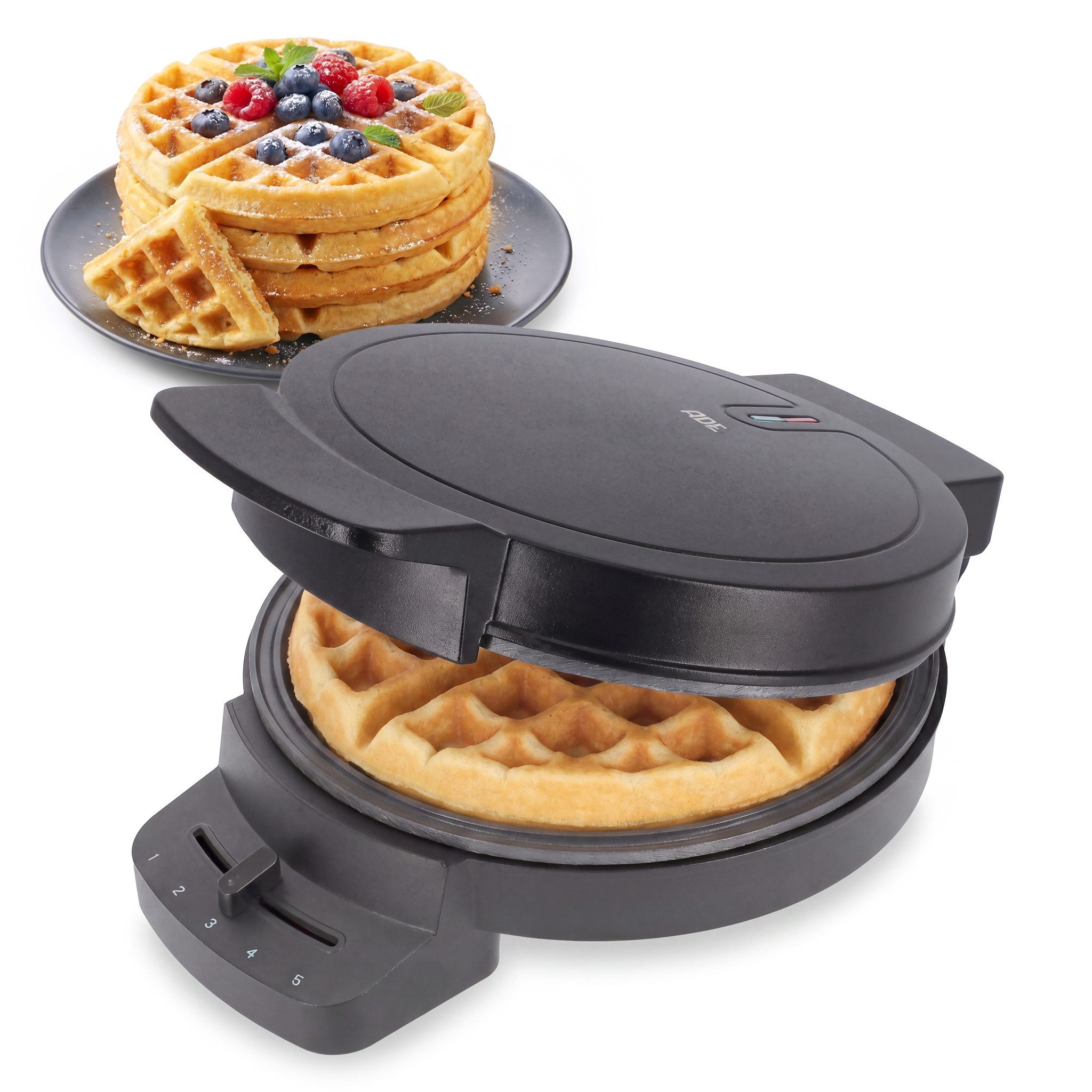 ADE Waffeleisen Für runde belgische Waffeln, 1.000 W, einstellbarer Thermostat, 1000 W, Waffelautomat mit Antihaftbeschichtung und Überhitzungsschutz