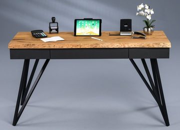 Schreibtisch DUBAI, B 140 cm x T 56 cm, Schwarz, Braun, Wildeiche, Metallgestell, 3 Schubladen