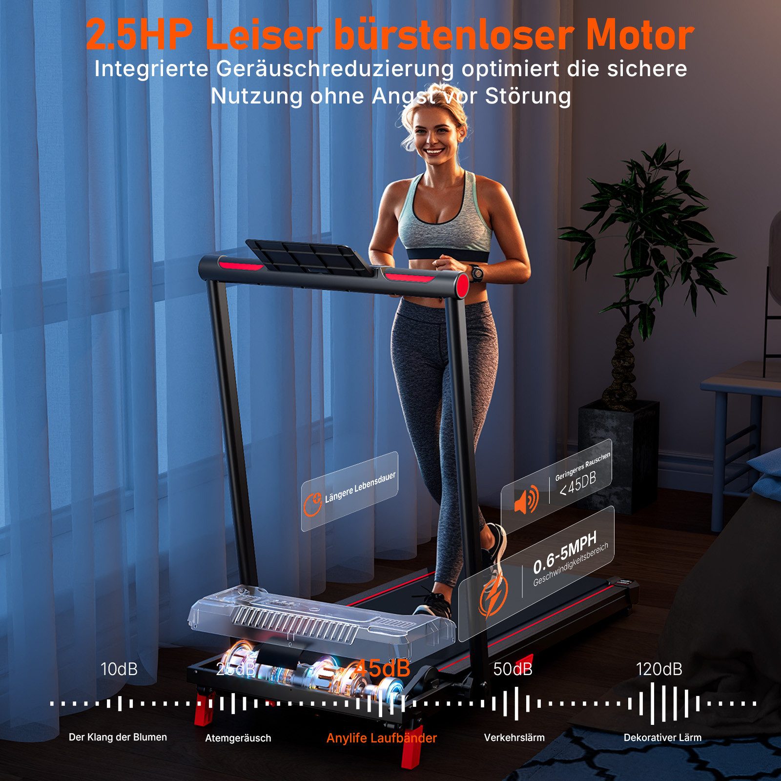 ANYLIFE Laufband mit Haltegriffen für Zuhause und Büro, Walking Pad 5% Steigung (1-tlg), 2,5 HP, leise mit Fernbedienung, max. 150 kg