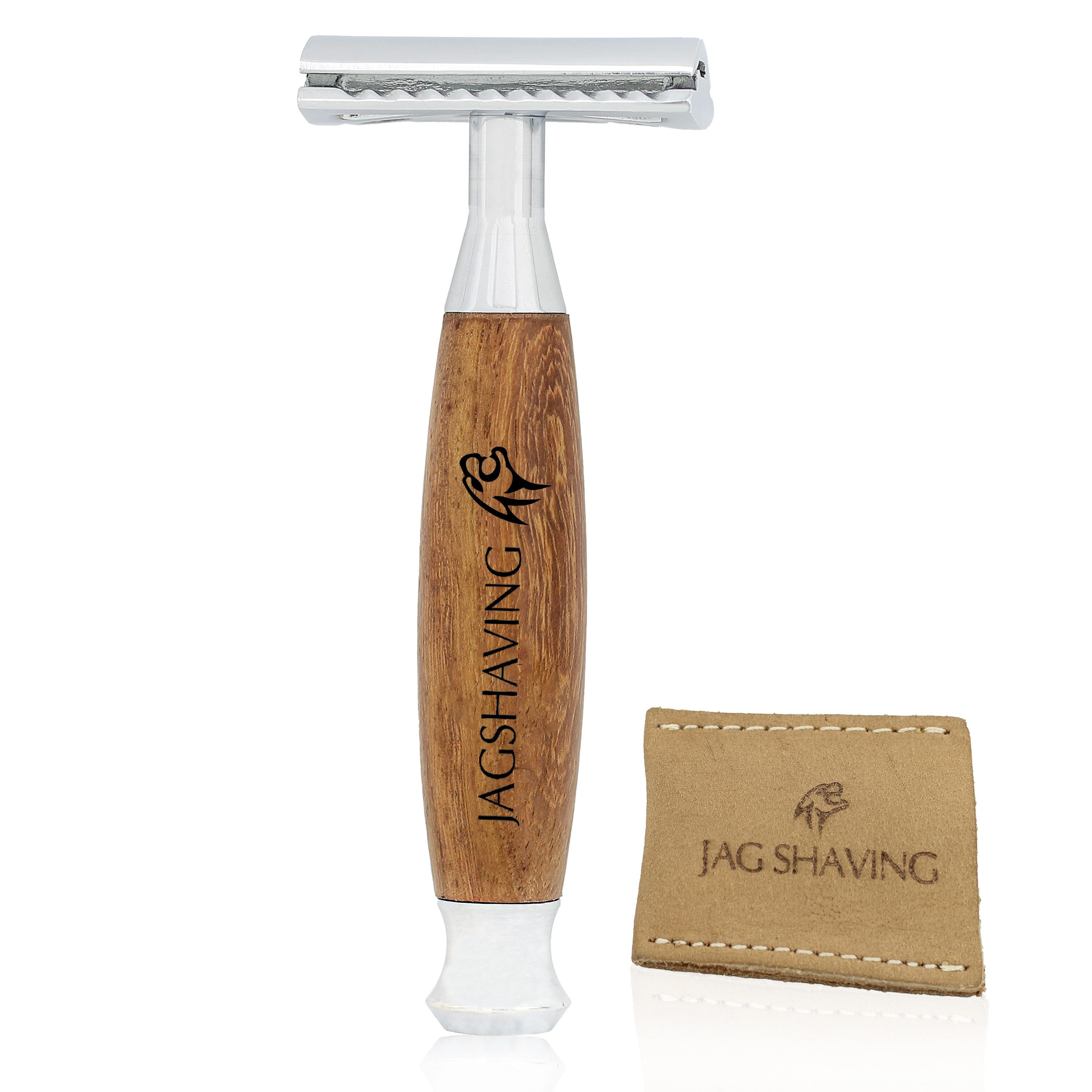 JAG SHAVING Nassrasierer Sicherheitsrasierer aus Holz und Metall – Rasiermesser mit zwei Kanten, Rasierer + Lederetui-Set, 2-tlg., hochwertiges Lederetui, reuseable mens razor