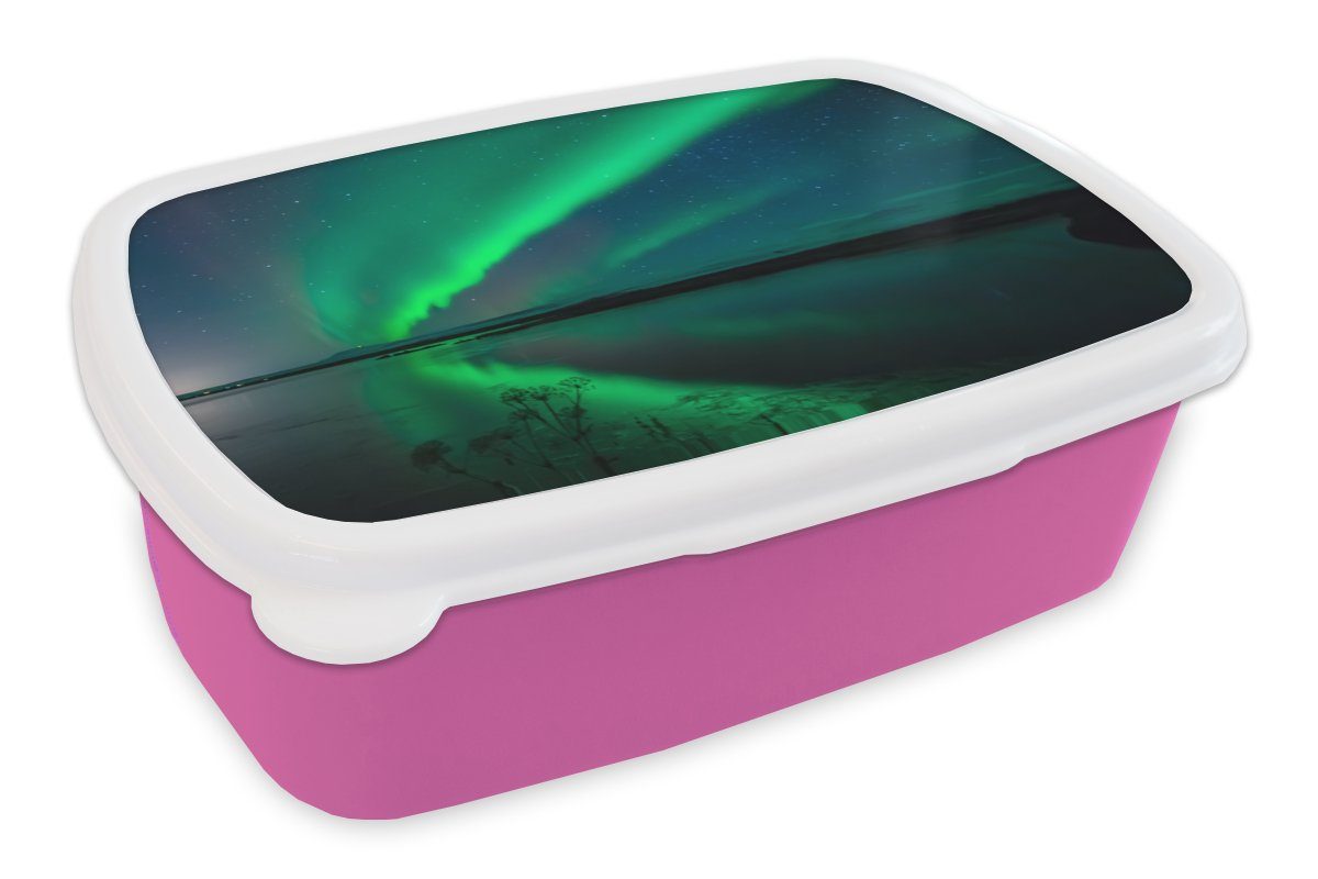 MuchoWow Lunchbox Nordlicht - Island - Sternenhimmel - Grün - Wasser, Kunststoff, (2-tlg), Brotbox für Erwachsene, Brotdose Kinder, Snackbox, Mädchen, Kunststoff rosa