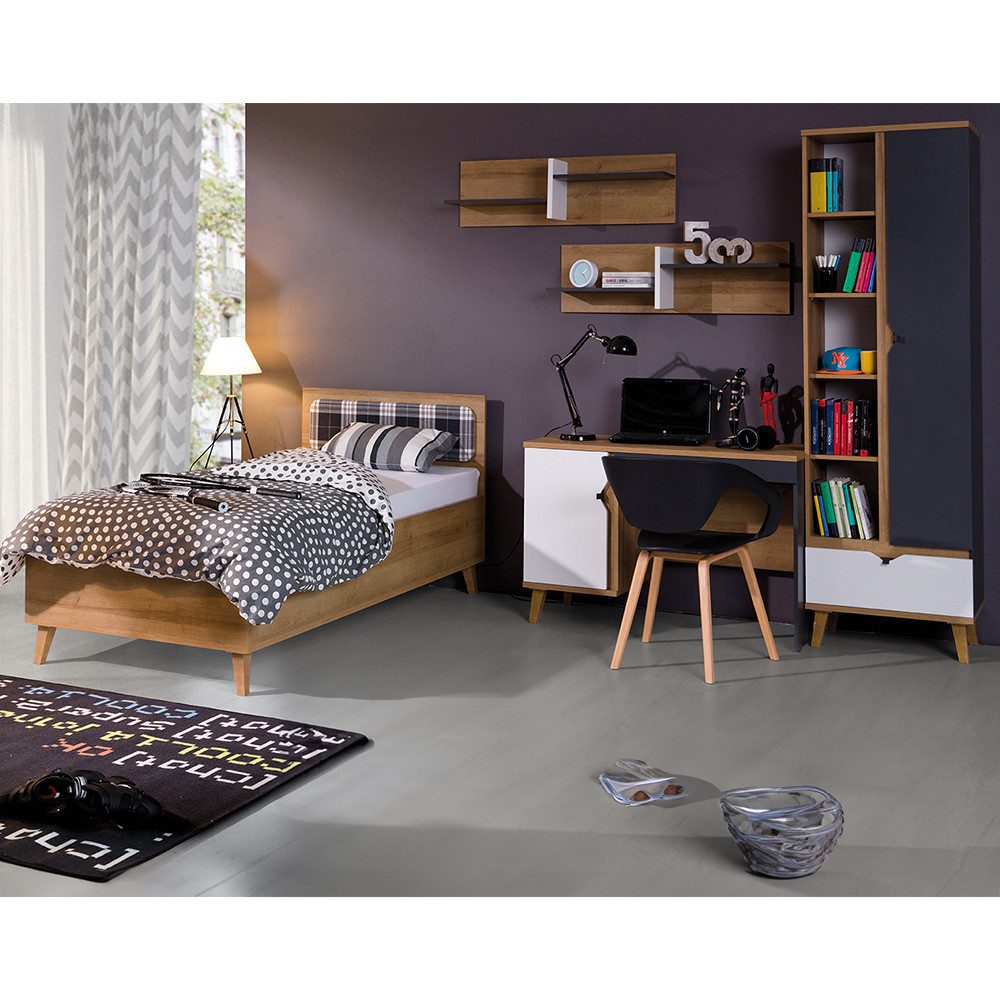 Lomadox Jugendzimmer-Set MARIBOR-132, (Sparset, 5-tlg), Bett 90x200 Bücherregal Schreibtisch Wandregal Eiche weiß graphit