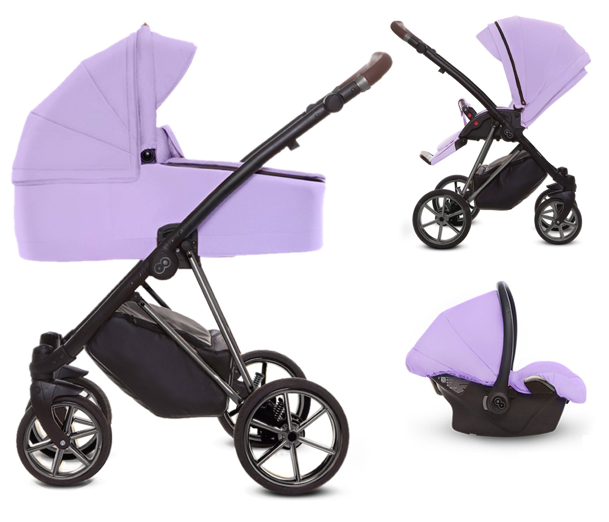 TPFFamily Kombi-Kinderwagen 3 in 1 Musse Ultra, Baby Buggy Babywanne Autositz, großes Zubehör-Set Kinderwagen 3 in 1 Stoff Lila, Gestell Grau