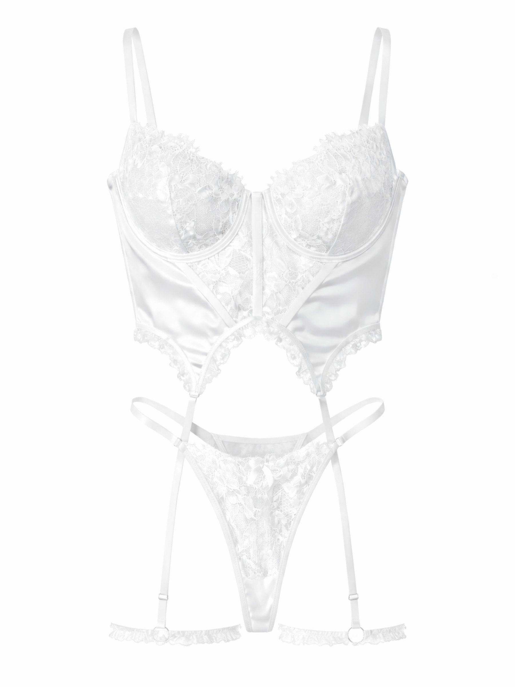 Elegant Love Set: Corsage Lingerie-Set aus Satin und Spitze – Sexy Dessous-Set (Set, 3-tlg., Strumpfband, BH und String) Reizwäsche-Set mit Bügel-BH und Tanga – Spitzenunterwäsche