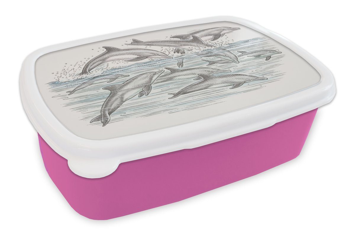 MuchoWow Lunchbox Delfine - Wasser - Tiere, Kunststoff, (2-tlg), Brotbox für Erwachsene, Brotdose Kinder, Snackbox, Mädchen, Kunststoff rosa