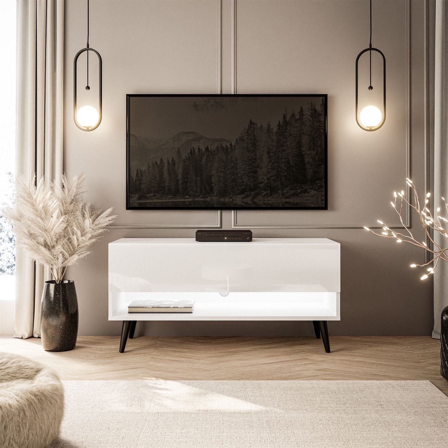 Lookway Lowboard CALANTE 90 cm RTV Schrank auf Beinen und LED-Beleuchtung