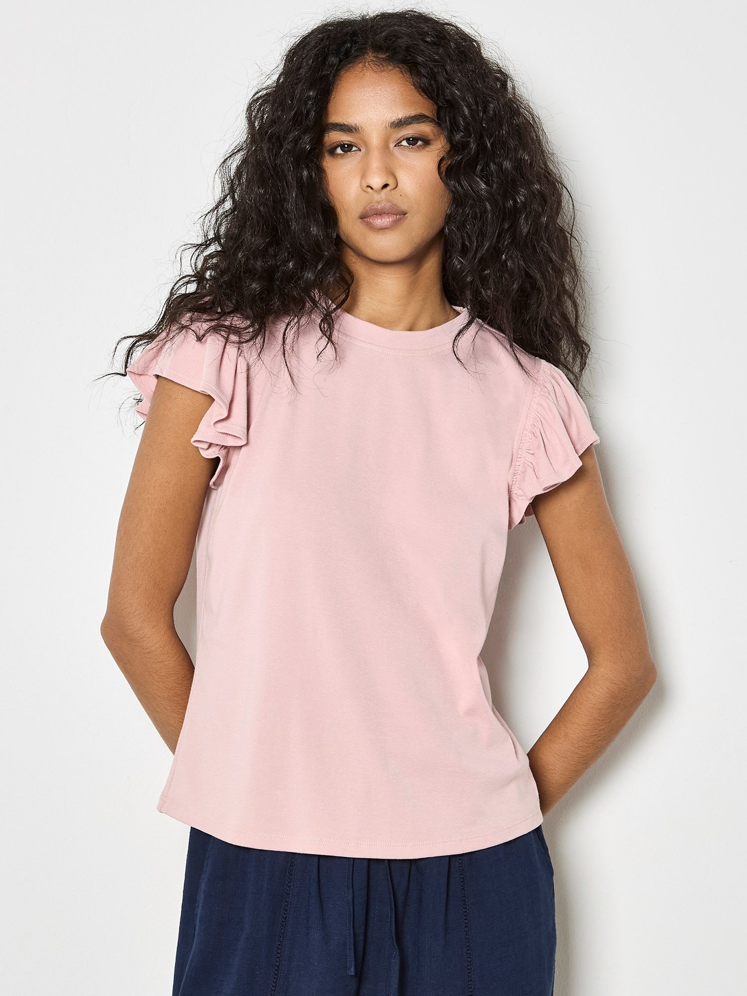 Apricot T-Shirt Jersey-Strick-T-Shirt mit Rüschen in unifarben