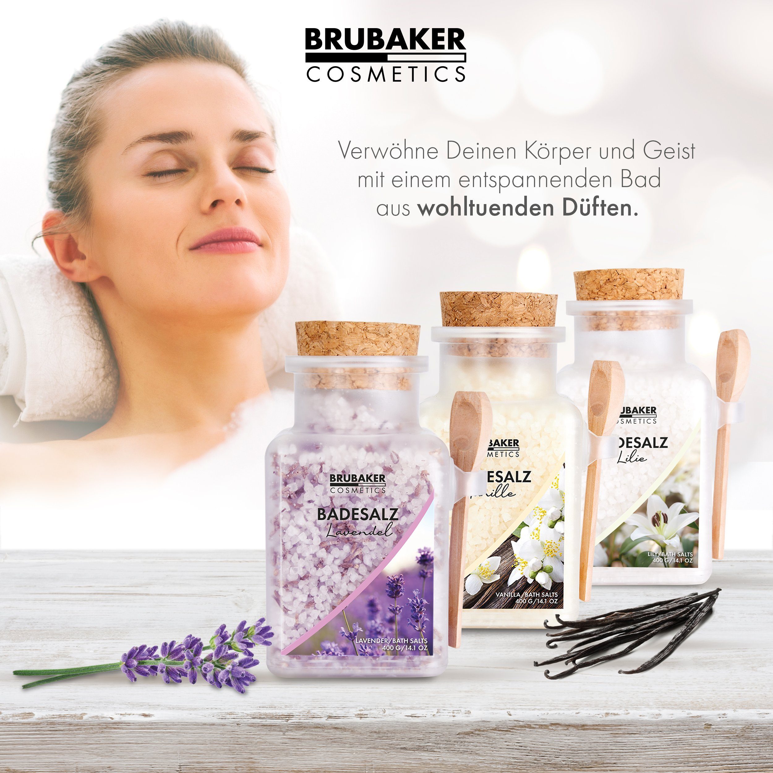 BRUBAKER Baden Duft und Vanille Erholung Set für Lilie 3-tlg., Wellness natürlichen Badesalz - Entspannung, Lavendel Körperpflege mit Extrakten, Badezusatz