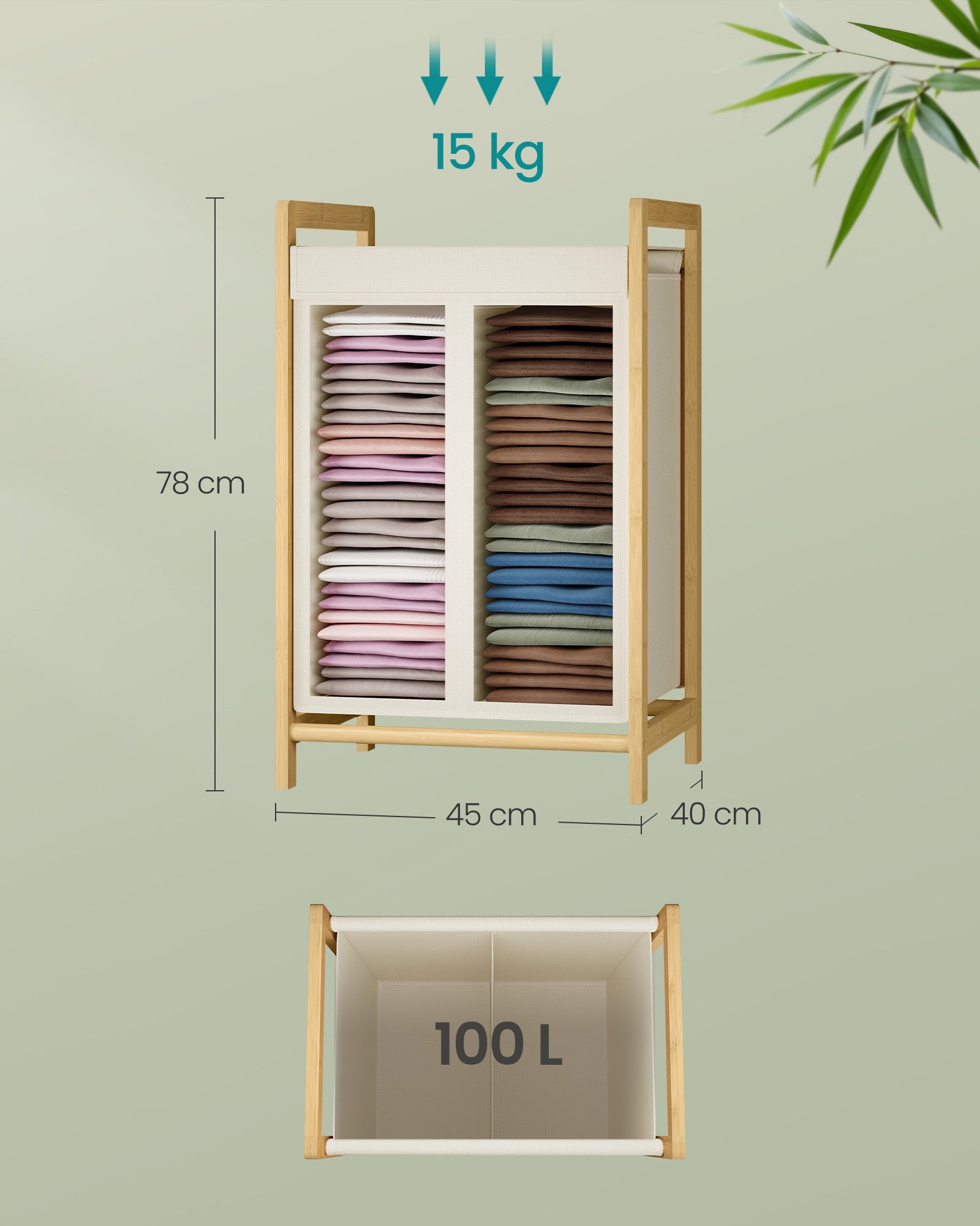 SONGMICS Wäschekorb Wäschesammler mit Bambusrahmen, verstärkter und abnehmbarer Deckel, 2 Fächer, Wäschesack abnehmbar, Wäschesortierer 100 L, 45 x 40 x 78 cm – Bild 5 von 5