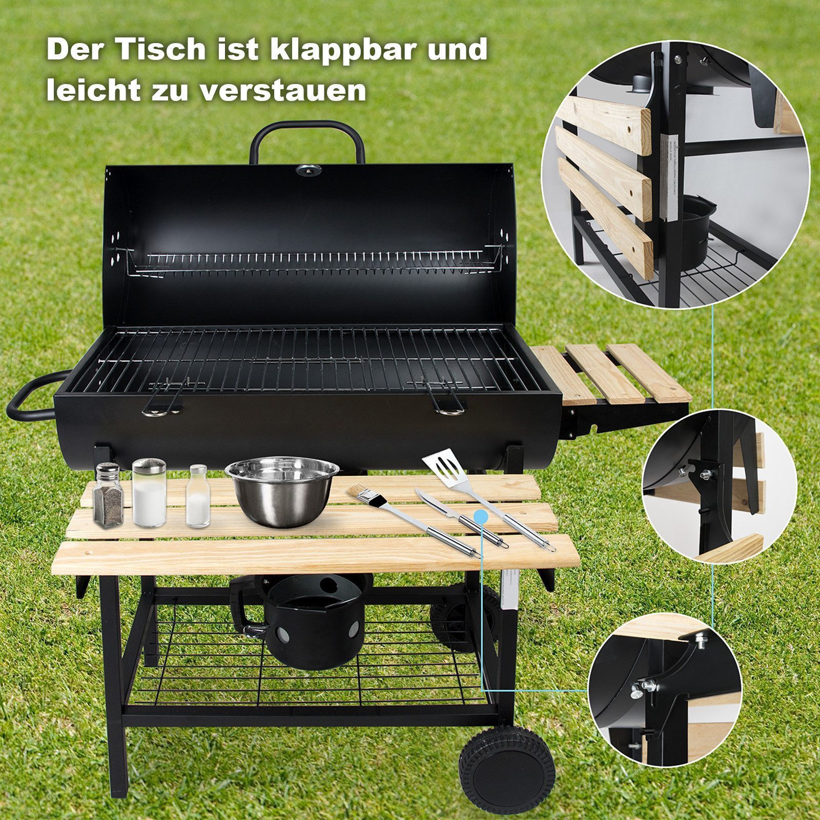 SunJas Holzkohlegrill XL CA-30 mit Holzregal Thermometer und Aschenbecher, Grillfläche: 70 x 38,5 cm, Gartengrill mobiler Grill Outdoor Grill