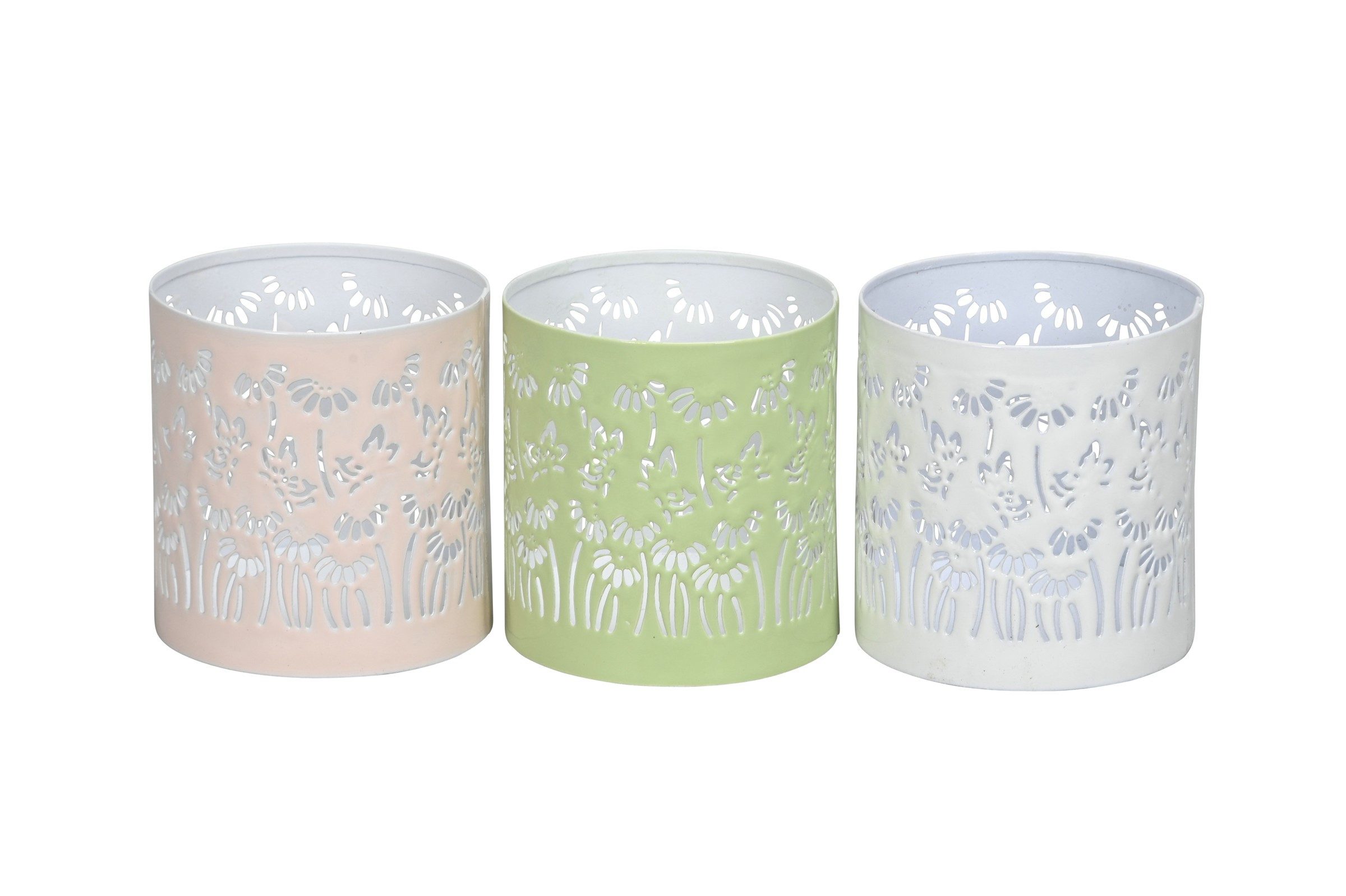 finehomegarden Windlicht Windlicht Metall 3farbig sort. Blüten rosa/grün/creme Ø9,5cm H10cm (3 St), Teelichthalter Tischdeko Garten / Paket