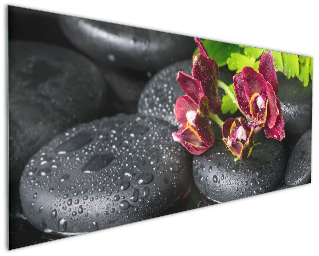 Wallario Küchenrückwand Dunkelrote Orchideen-Blüte auf schwarzen Steinen mit Regentropfen, (1-tlg)