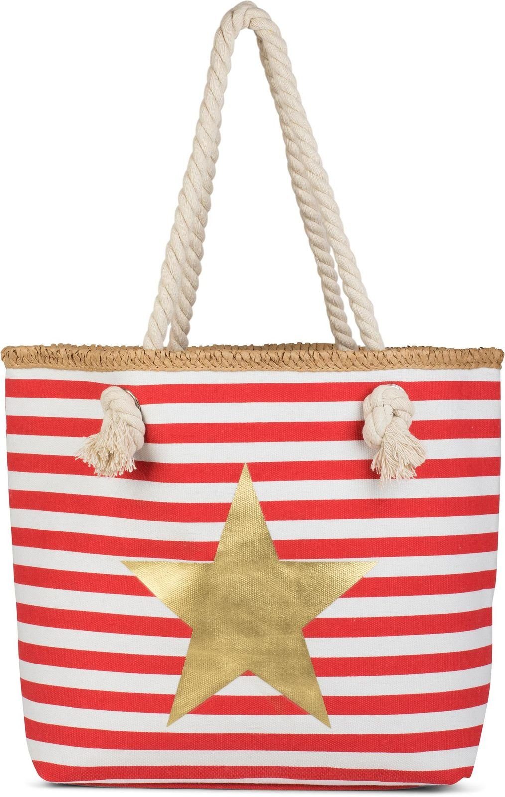 styleBREAKER Strandtasche (1-tlg), Strandtasche mit breiten Streifen und Stern Rot-Weiß / Gold