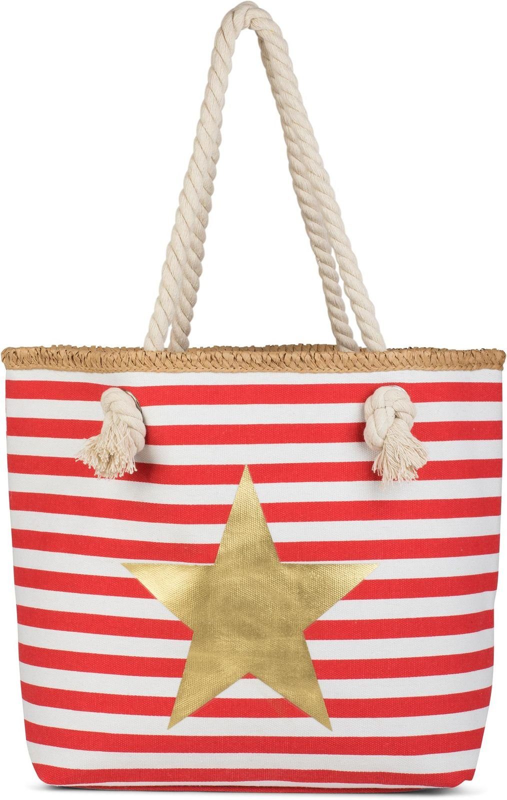 styleBREAKER Strandtasche (1-tlg), und Stern mit Rot-Weiß breiten / Strandtasche Streifen Gold