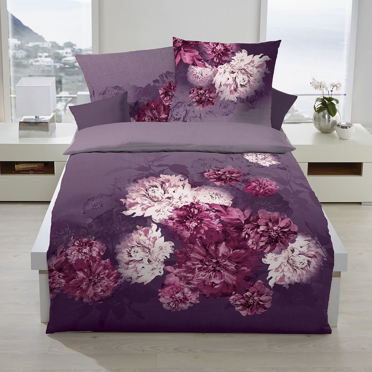 Bettwäsche Flamenco violett, TRAUMSCHLAF, Biber, 2 teilig, Biberbettwäsche mit opulentem Blumendruck