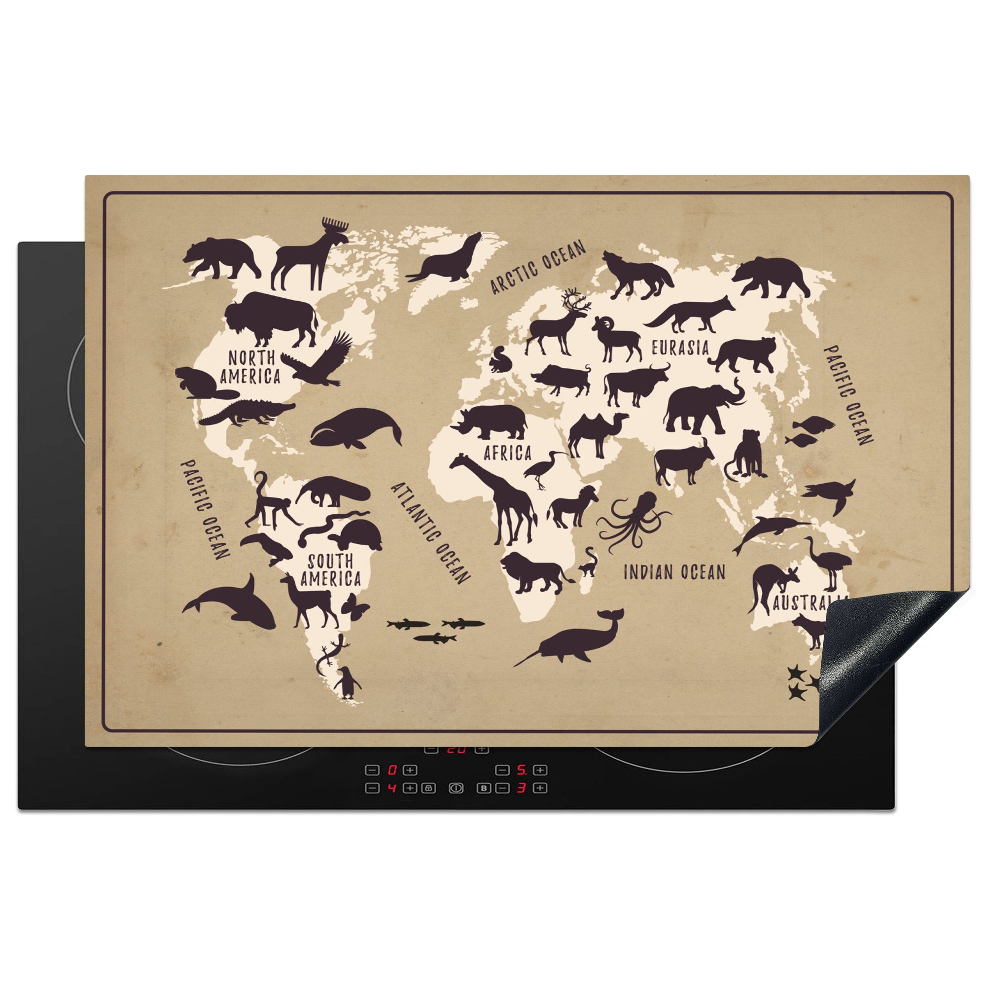 MuchoWow Herdblende-/Abdeckplatte Weltkarte - Beige - Tiere, Vinyl, (1 tlg), 81x52 cm, Induktionskochfeld Schutz für die küche, Ceranfeldabdeckung