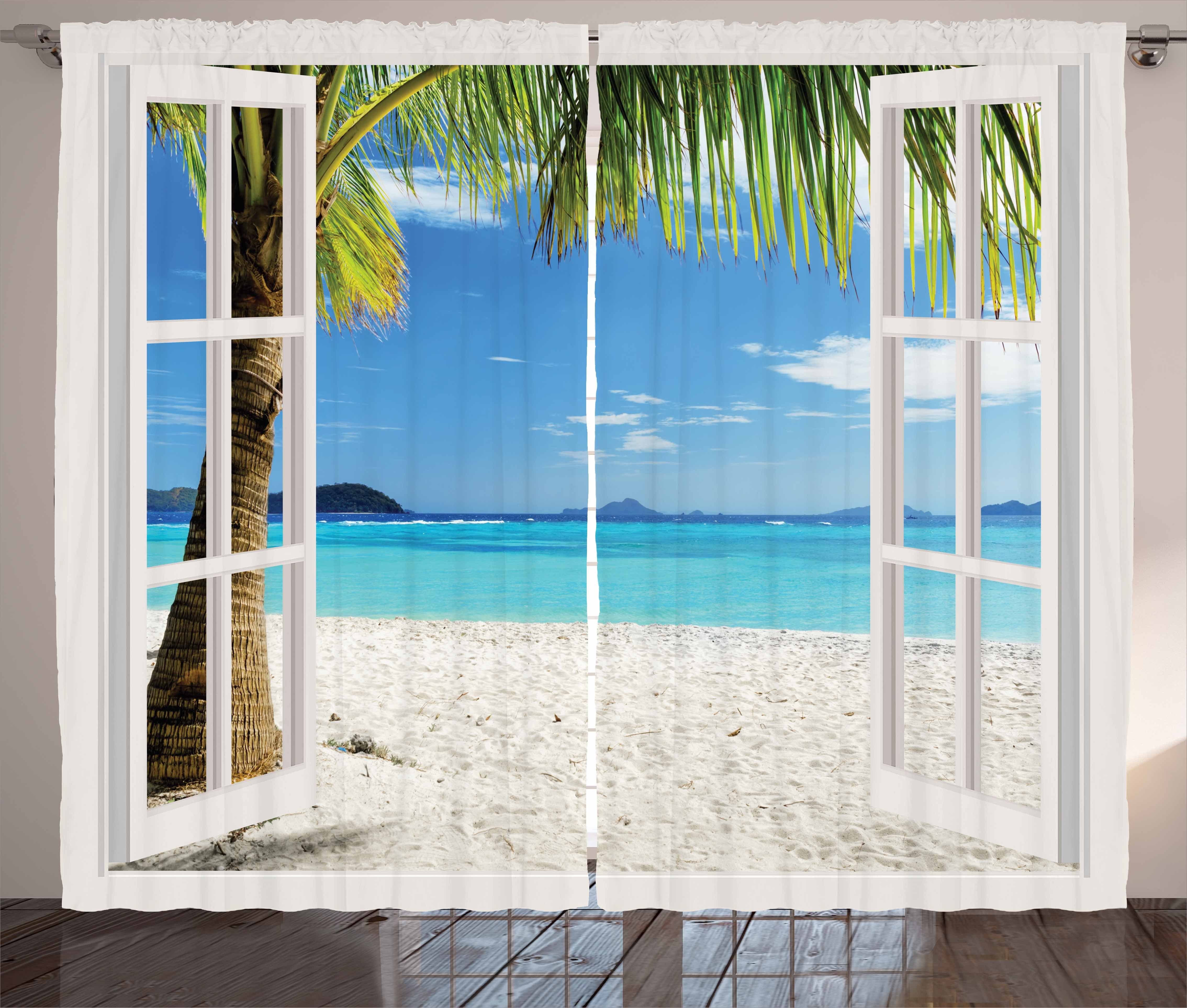 Tropical Abakuhaus, Tropisch Schlaufen Palmen mit Schlafzimmer Vorhang Beach Gardine Kräuselband und Haken,