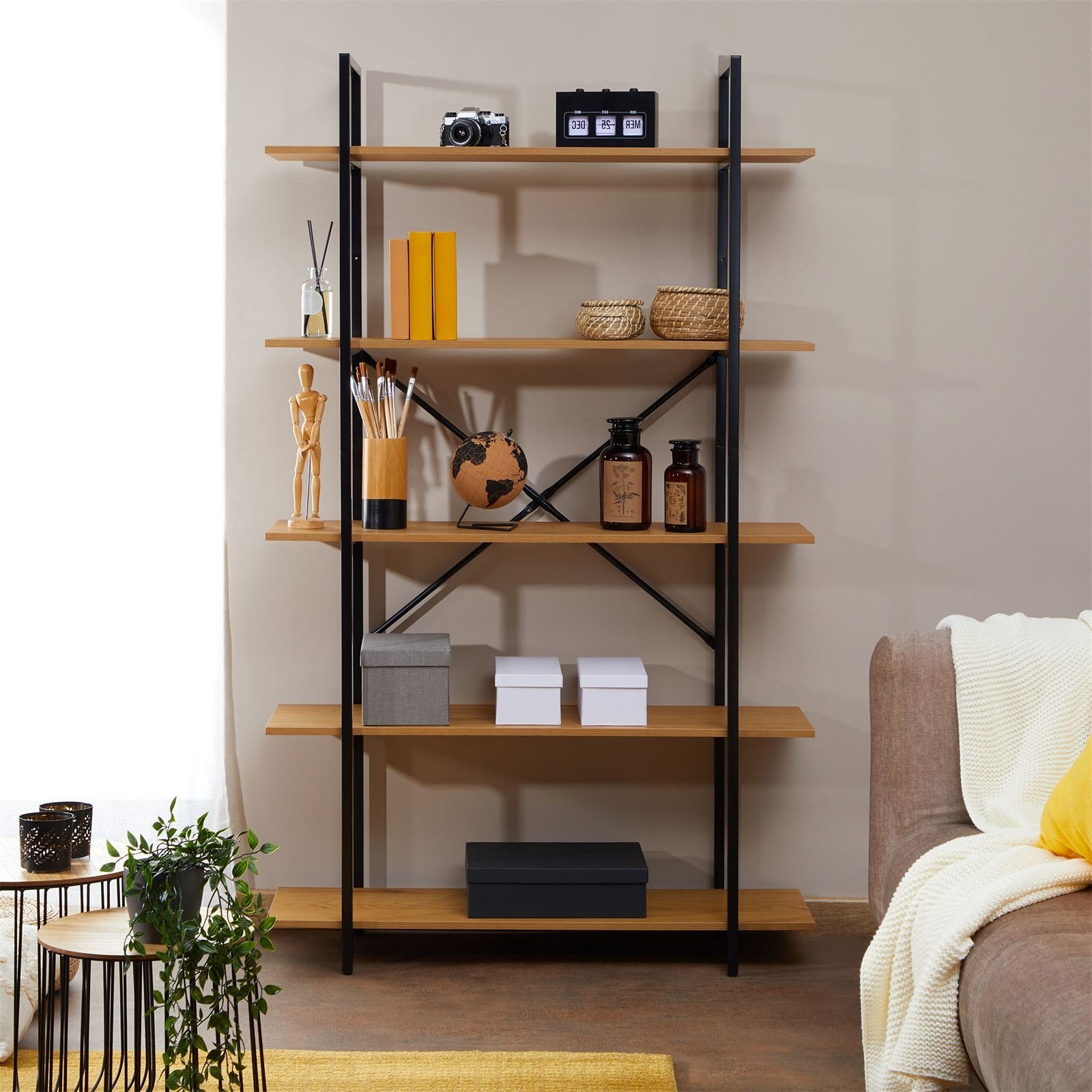 CARO-Möbel Bücherregal MEDA, Regal im Industrial Stil aus Metall in schwarz und MDF Holzoptik 5 Reg