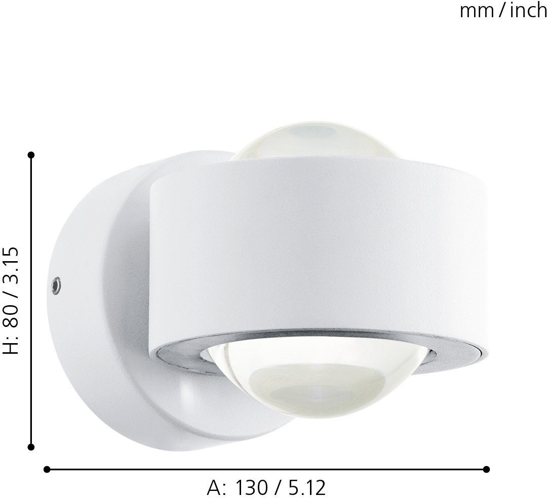 EGLO Wandleuchte ONO 2 Wandlampe, Alu und Kunststoff, IP20, Wohnzimmerlampe, Flurlampe, LED fest integriert, Warmweiß, Wand-/Deckenleuchte, L9 x H8 x AL13 cm, weiß, 2X2,5W inkl.