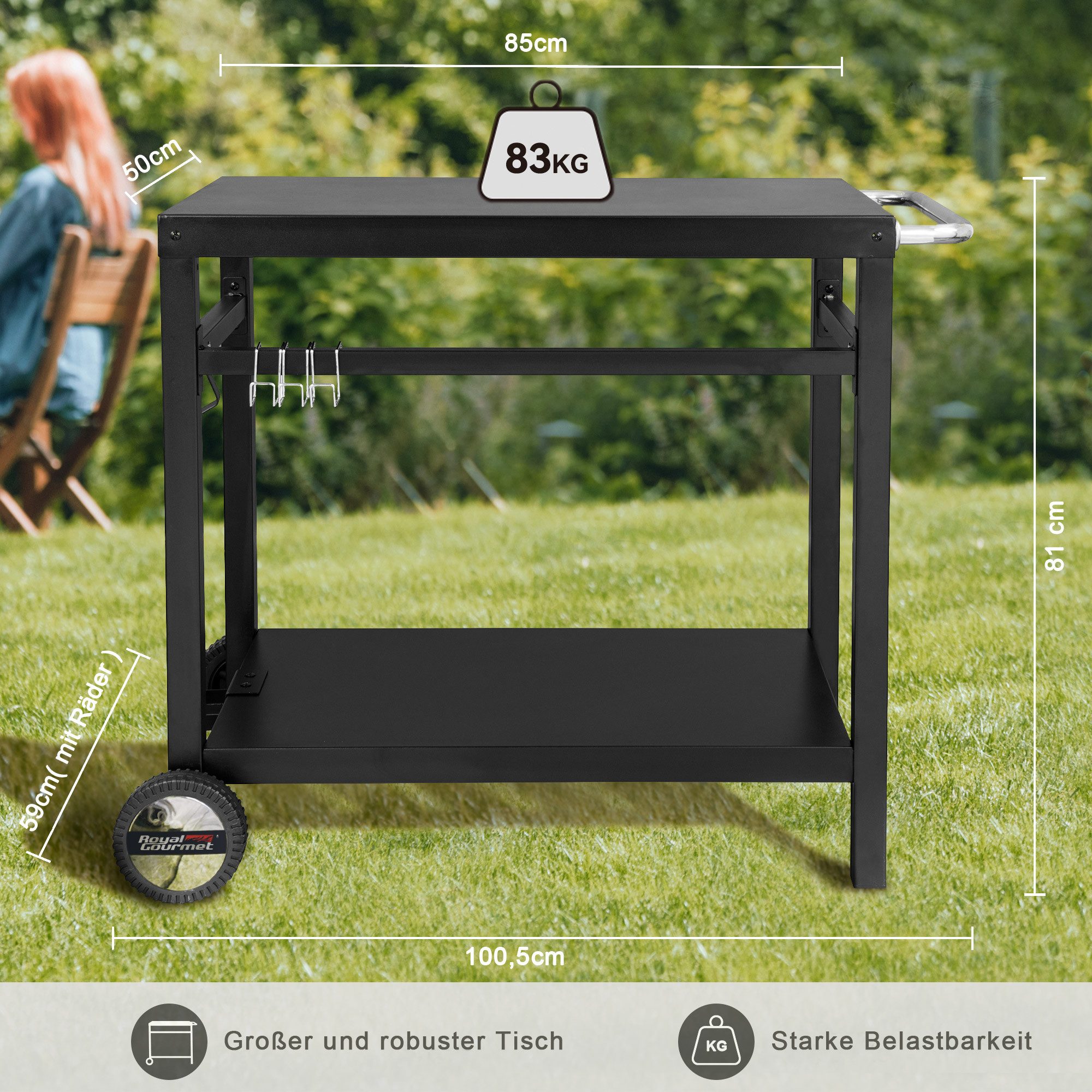 Royal Gourmet Grillablagetisch Grillwagen Grilltisch Outdoor Beistelltisch, 59T x 100,5B x 81H cm, für Outdoor BBQ Servierwagen Arbeitsplatte 85x50cm