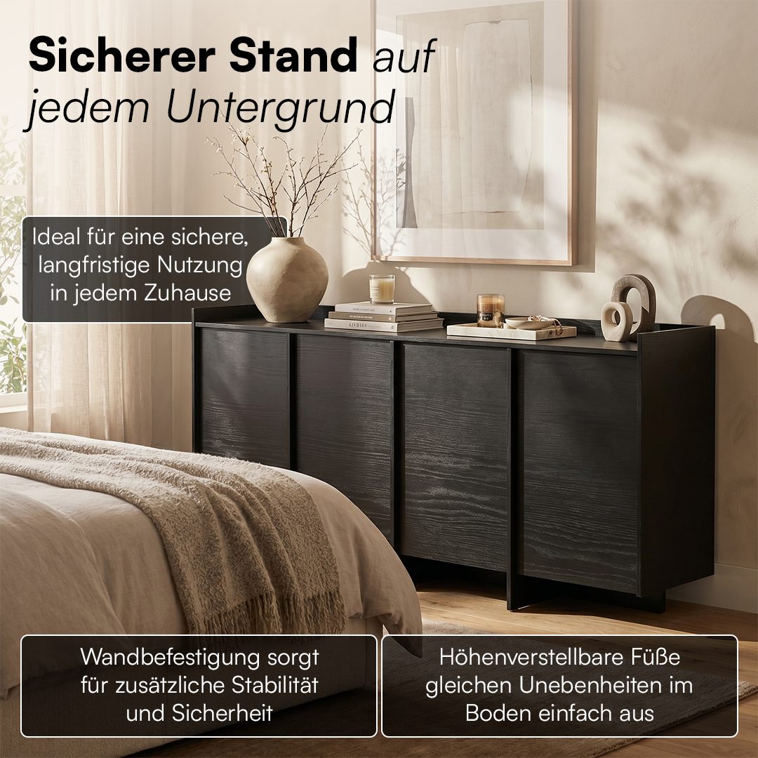 skølm Kommode Meili in Holzoptik mit 4 Push-to-Open Türen, Siedeboard mit 8 Fächern & höhenverstellbaren Füßen – Bild 5 von 5