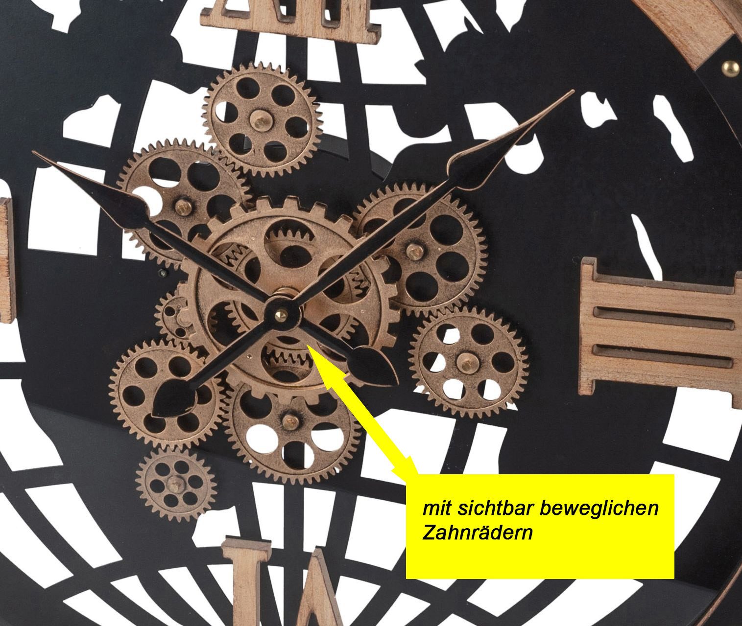 formano Wanduhr XXL Weltkarte 82 cm Metall / Holz Uhr mit beweglichen Zahnrädern (Sichtbar bewegliche Zahnräder)