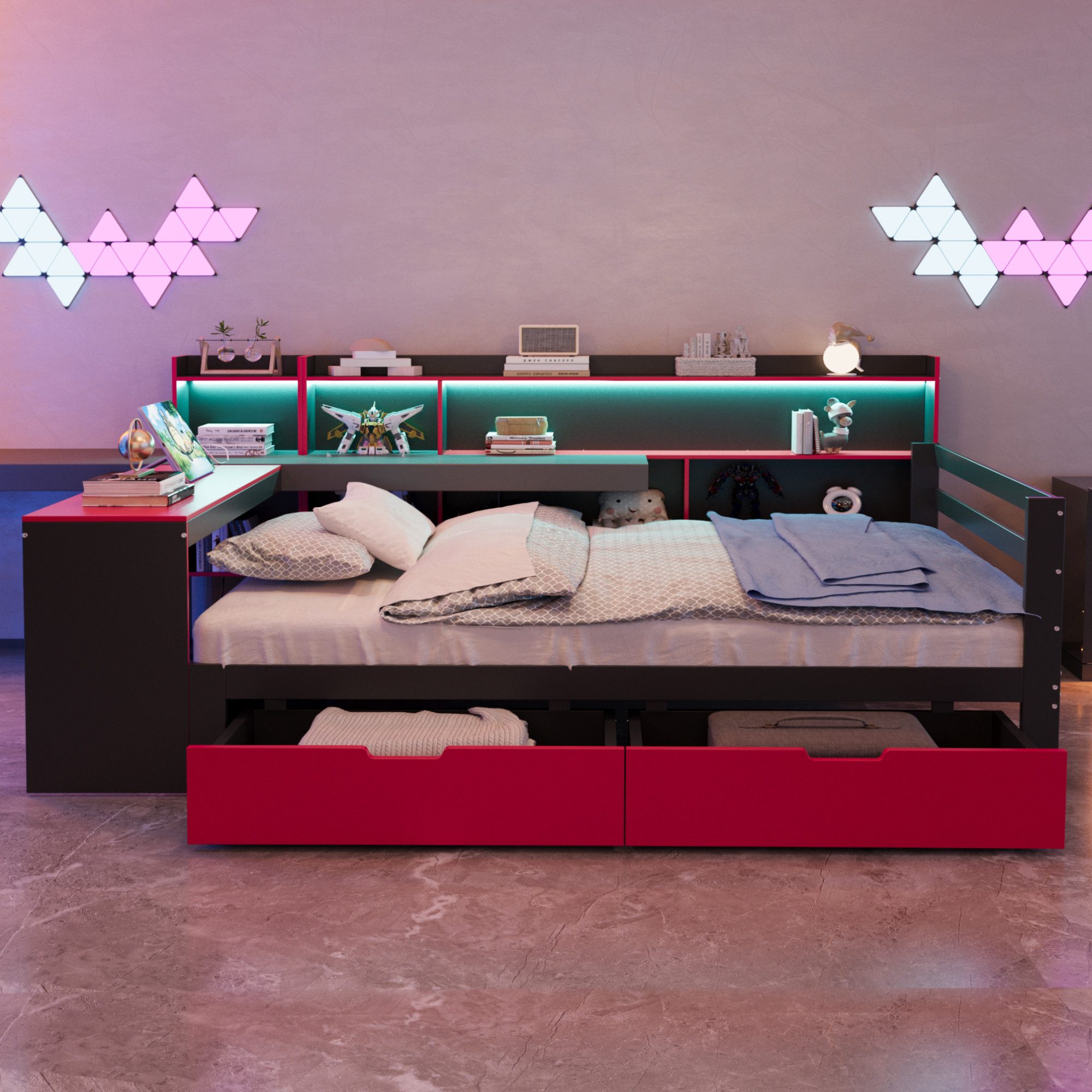 Flieks Daybett, Holzbett 140x200cm mit Schreibtisch Staufach Schubladen LED & Aufladen