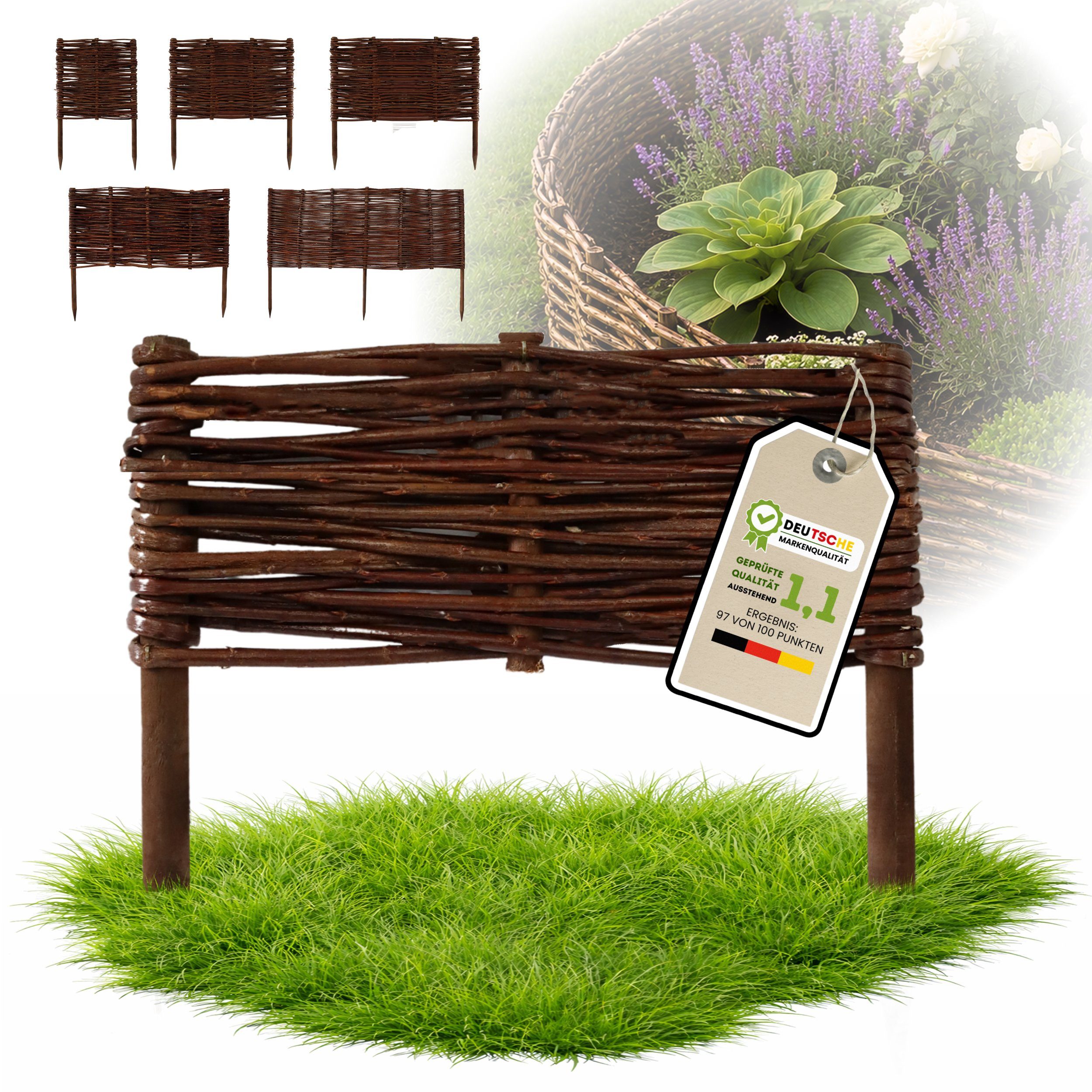 Floranica Weidenzaun Beeteinfassung Beetbegrenzung aus Weide Steckzaun, (1-St., (L:H) 30 x 10 cm), Rasenkante aus Weidengeflecht Beetzaun Weidenzaun Beetumrandung
