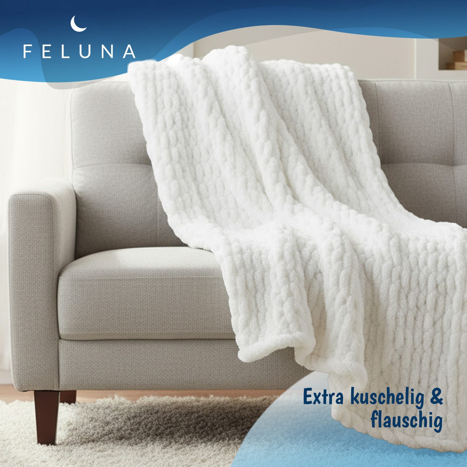 Wohndecke Grobmaschige Wohlfühldecke, Feluna, Flauschige Kuscheldecke Grobstrick Tagesdecke
