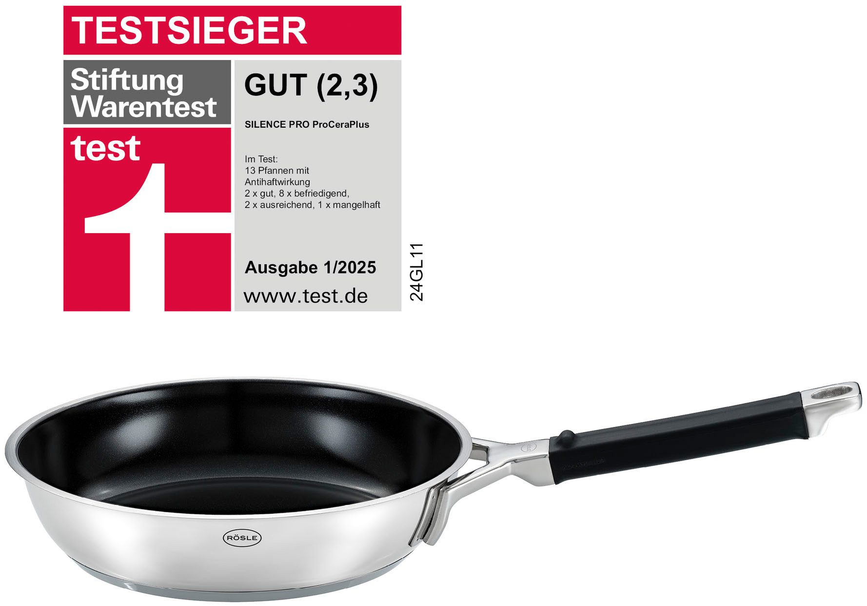 RÖSLE Bratpfanne SILENCE PRO CeraPlus, Edelstahl 18/10 (1-tlg), natürliche Quarzversiegelung ohne PTFE/PFAS, Induktion
