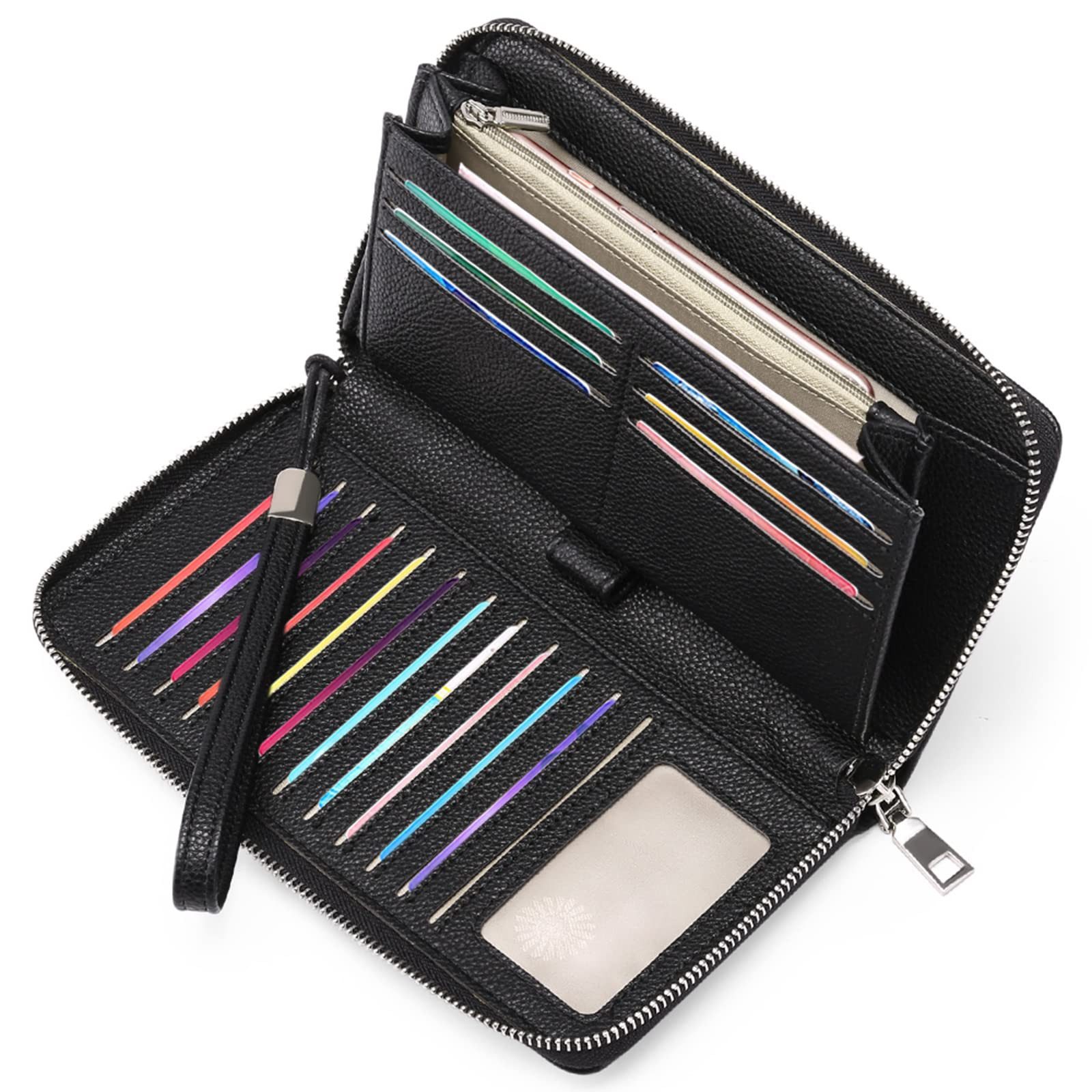 Agger Geldbörse Damen Geldbörse Portemonnaie,viel Kartenfächer Vintage, Clutch mit Reißverschluss, Armband und RFID-Schutz