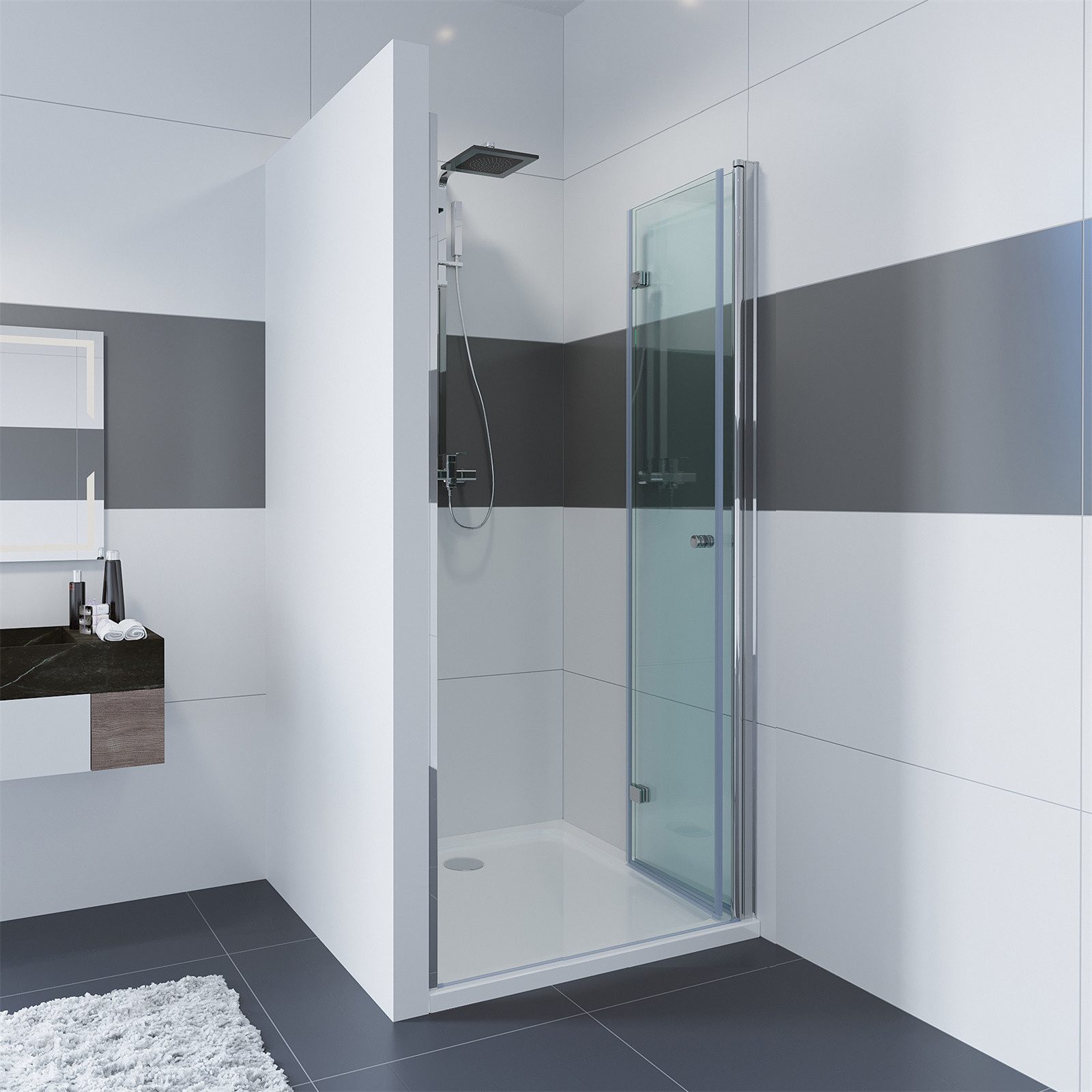 IMPTS Dusch-Drehtür Dusche Nische Duschtür Nischendusche, 70x185 cm, Sicherheitsglas, (mit hochwertigen Aluminiumprofilen in Chrome) Duschtür Faltbar Falttür Dusche Duschkabine Faltdusche