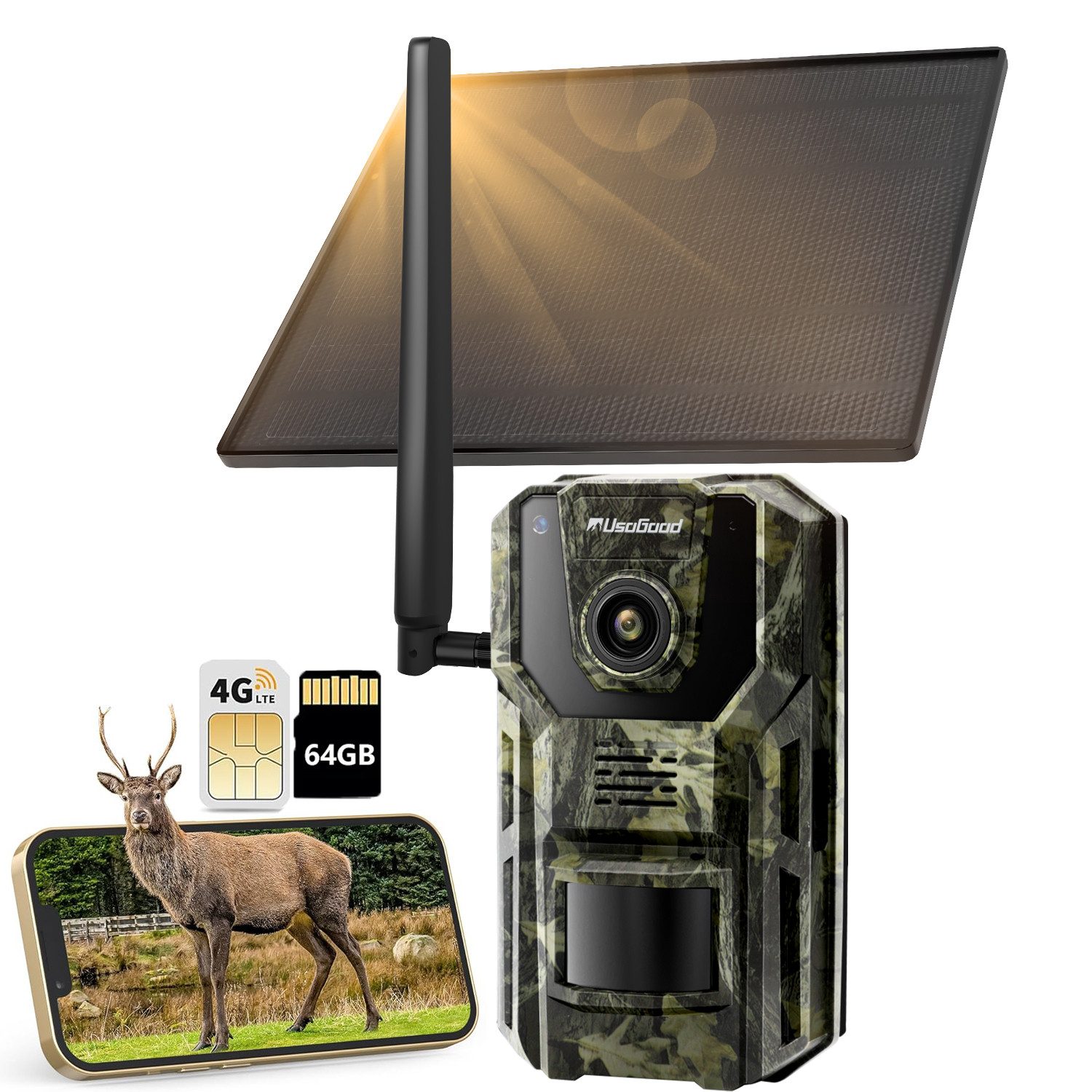 Wildkamera 4G Wildkamera mit SIM Karte LTE Solar Wildtierkamera mit 64GB Karte