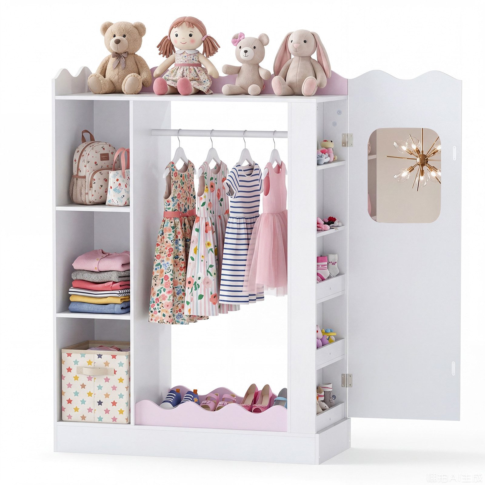 KOMFOTTEU Kinderkleiderschrank Kindergarderobe Kleiderständer mit Spiegel, Kleiderstange & offenen Fächern