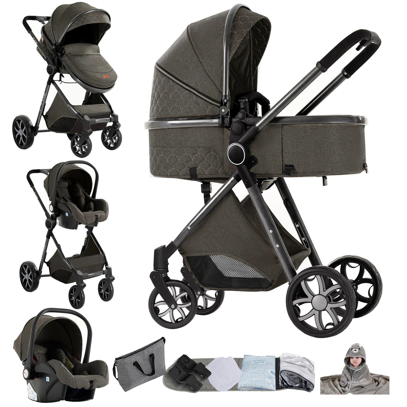 TPFFamily Kombi-Kinderwagen, Moskitonetz Regenschutz Kinderwagen 3 in 1 inkl. Zubehörset