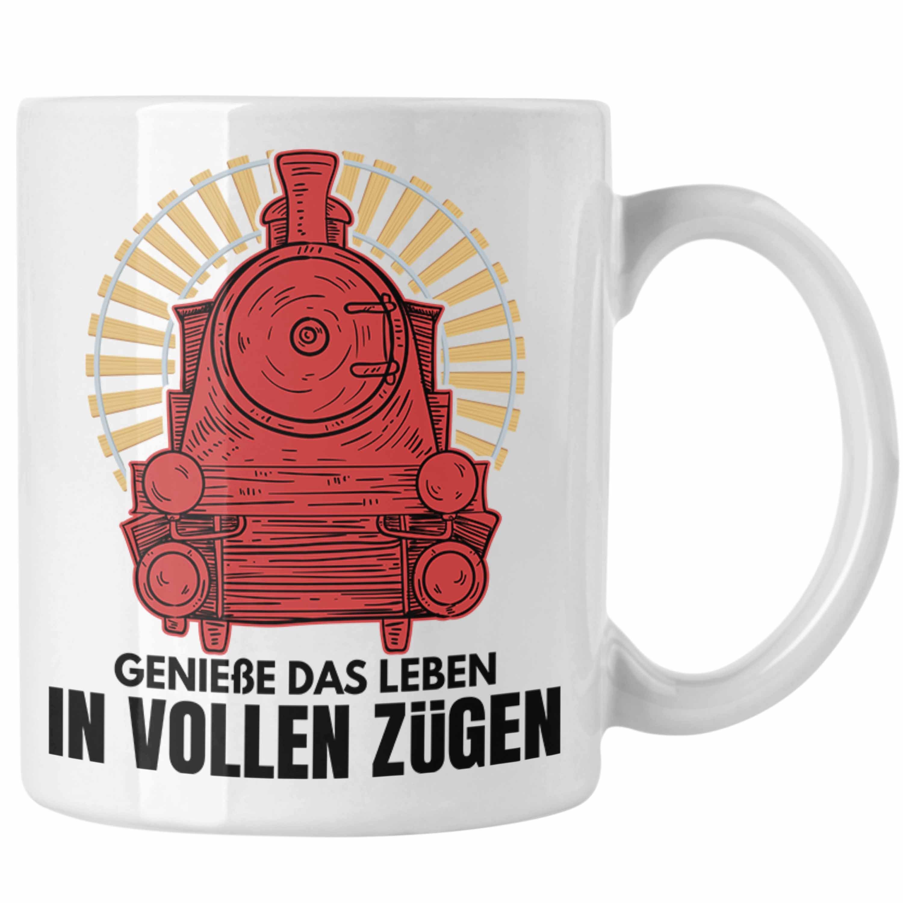 Trendation Tasse Trendation - Geniße Das Leben in Vollen Zügen Lokführer Tasse Geschenk Eisenbahner Spruch Lokomotive Geschenkidee Eisenbahn Weiss