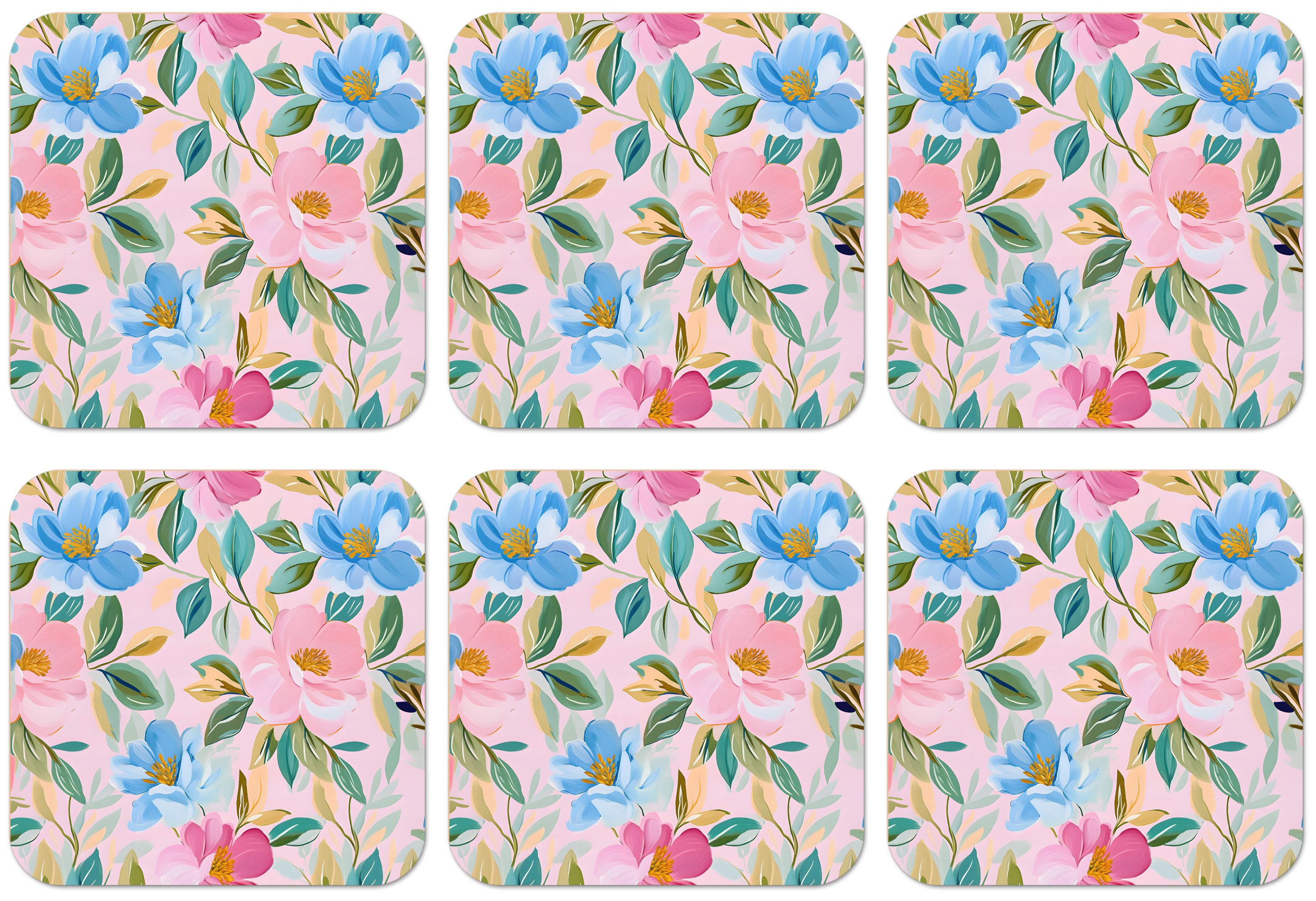 MuchoWow Glasuntersetzer Blau - Rosa - Blumen, Zubehör für Gläser, 6-tlg., Tassenuntersetzer Kork, Quadrat, Untersetzer Set Gläser, 10x10 cm