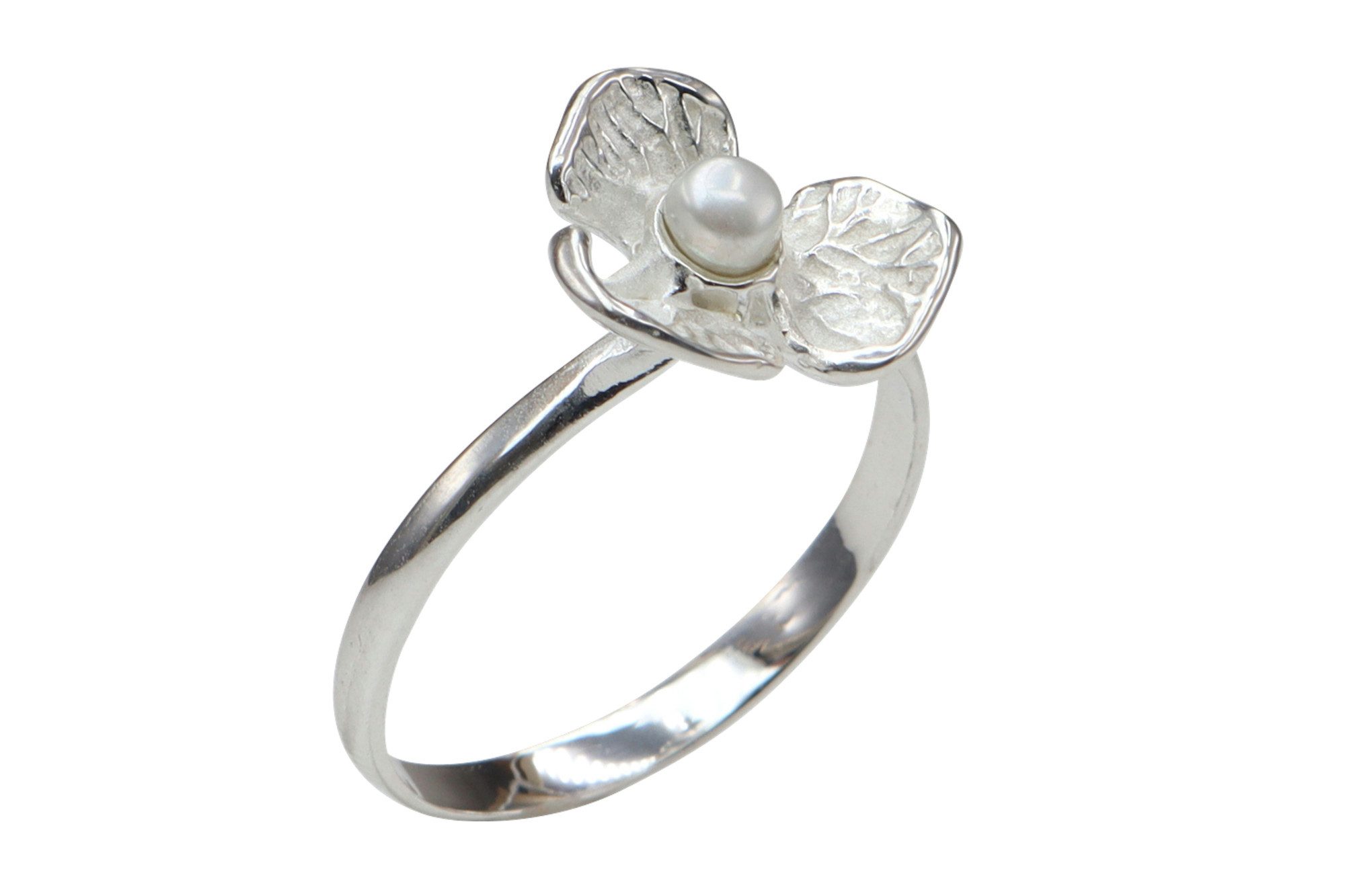 SILBERMOOS Perlenring Schmaler Ring "Blüte mit Perle", 925 Sterling Silber