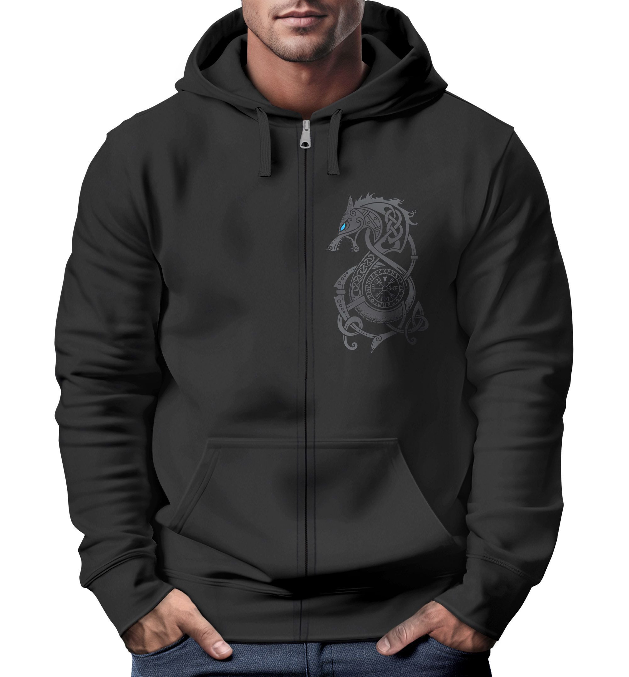 Sweatjacke Sweatjacke Herren mit Kapuze Wikinger Kompass Fenris Wolf Vegvisir