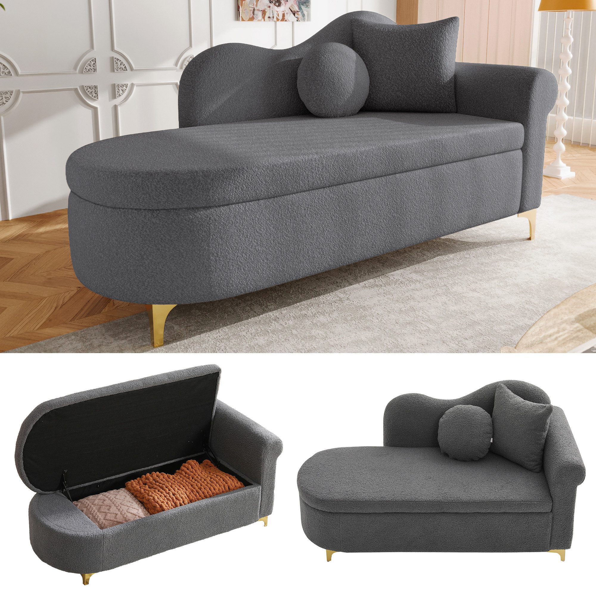 OKWISH Chaiselongue Multifunktionale 134x64x70 cm aus Teddyplüsch, Wellenförmige Rückenlehne, hochdichte Sitzkissen 1 Teile, Inkl. Lenden- & Nackenkissen, Stauraum im modernen Design