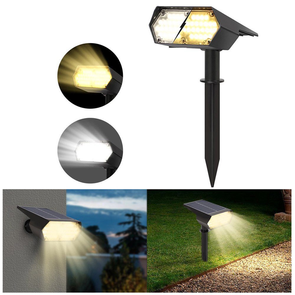 POPOLIC LED Solarleuchte Solar-Strahlerset für den Garten, kalt- & warmweiß, mit Erdspieß, 6000K Kaltweiß & 3000K Warmweiß Gartenleuchten, LED fest integriert, Solarlampen zum Wandleuchte oder als Bodenlicht.