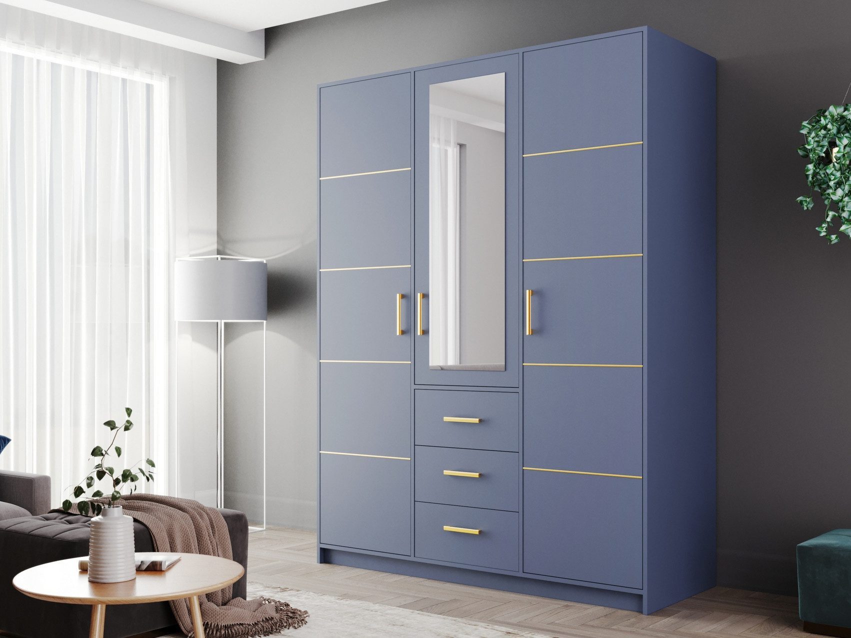 Beautysofa Kleiderschrank BALID D3 Schrank mit Spiegel (Drehtürenschrank mit Einlegeböden, Kleiderstange und 3 Schubladen, 3-türig) Breite: 147 cm